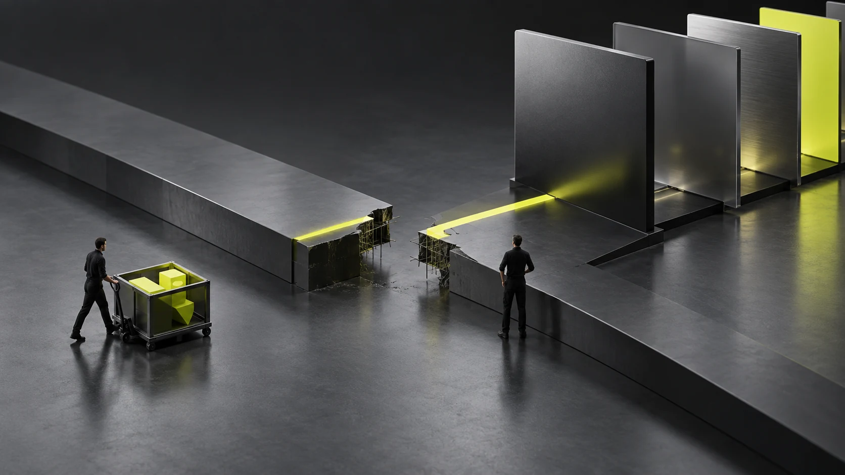 An optimization bench addresses breaks in the visitor journey first, with decorative modules behind and information dependencies sent to a repair area.