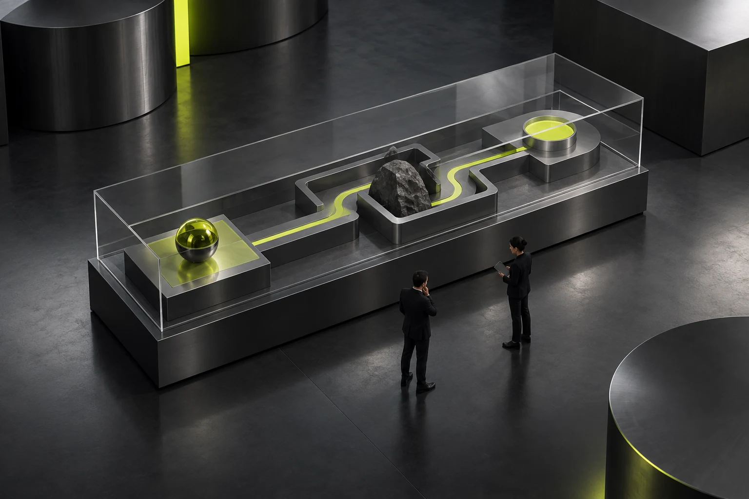 The earlier task route and barriers are preserved under a transparent cover, retaining the starting point and representative test capsule.