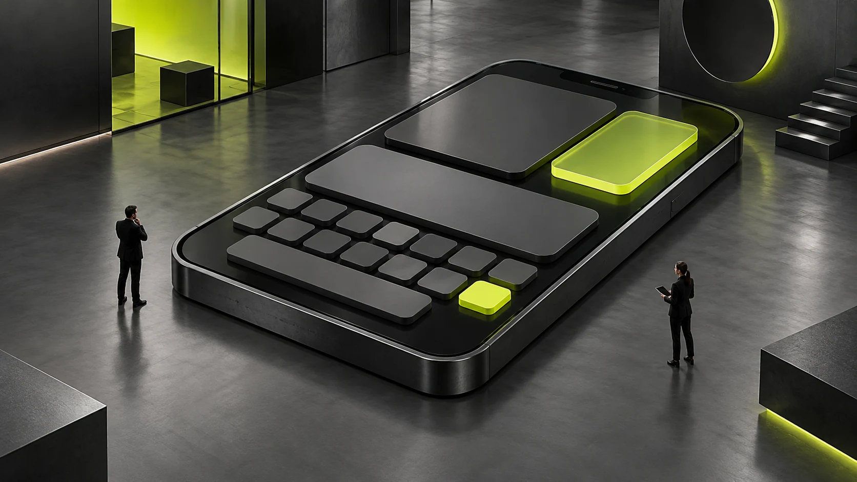 A mobile interaction bench shows open keyboard and long content states while keeping action entries reachable.