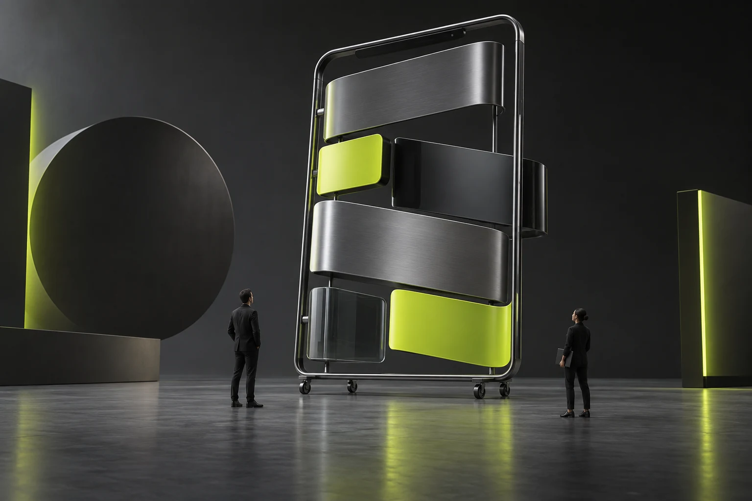 Long content blocks and images with different proportions wrap within a mobile frame while staff check boundary space.