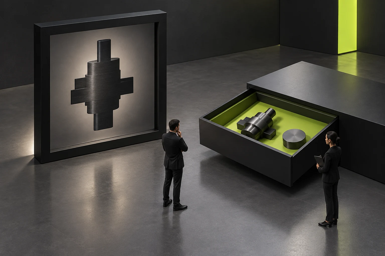 Conceptual illustration of equipment images beside source samples, with staff confirming the photographed objects and current status