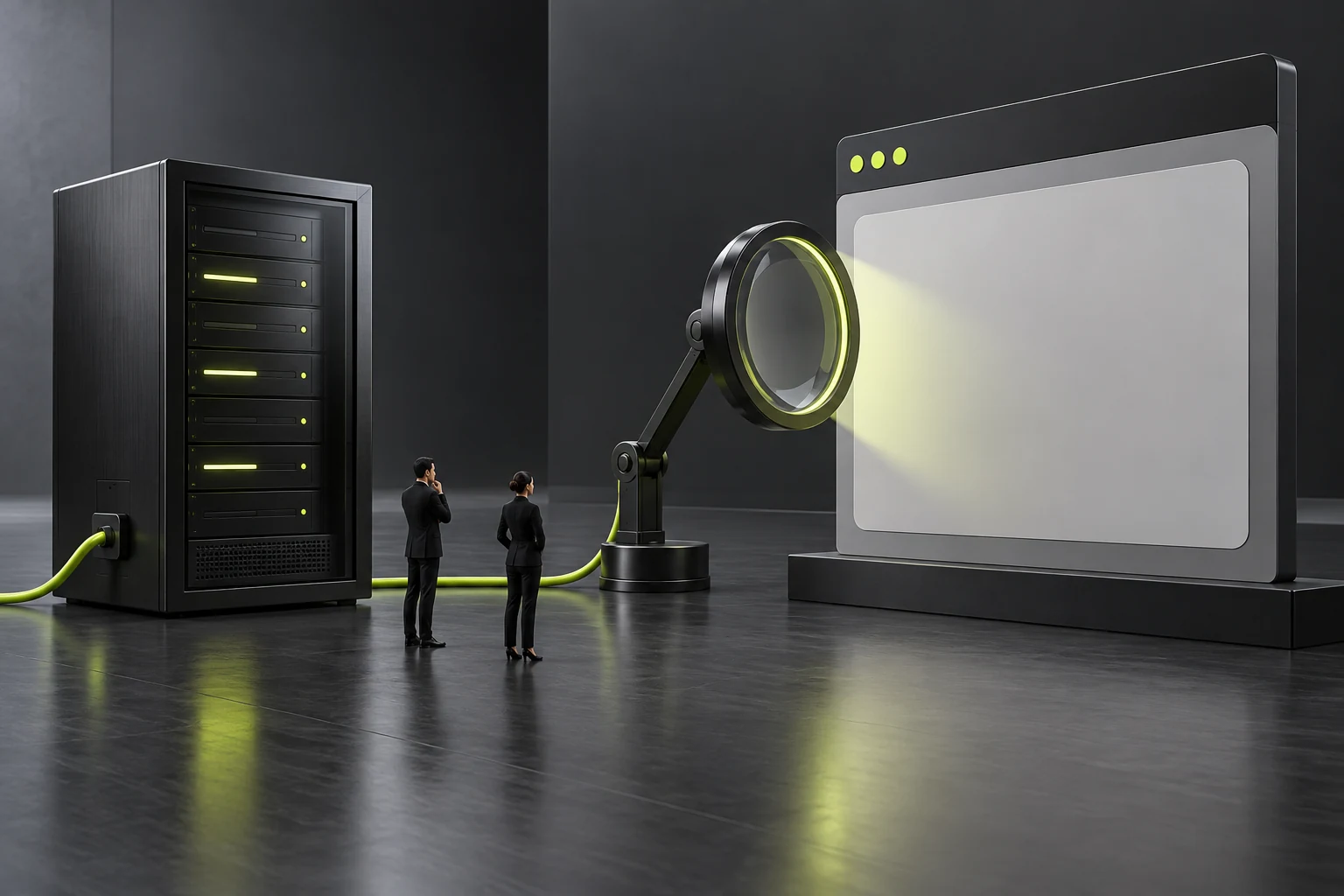 Concept illustration of an operating server beside a proactive webpage inspection device, representing two different obligations