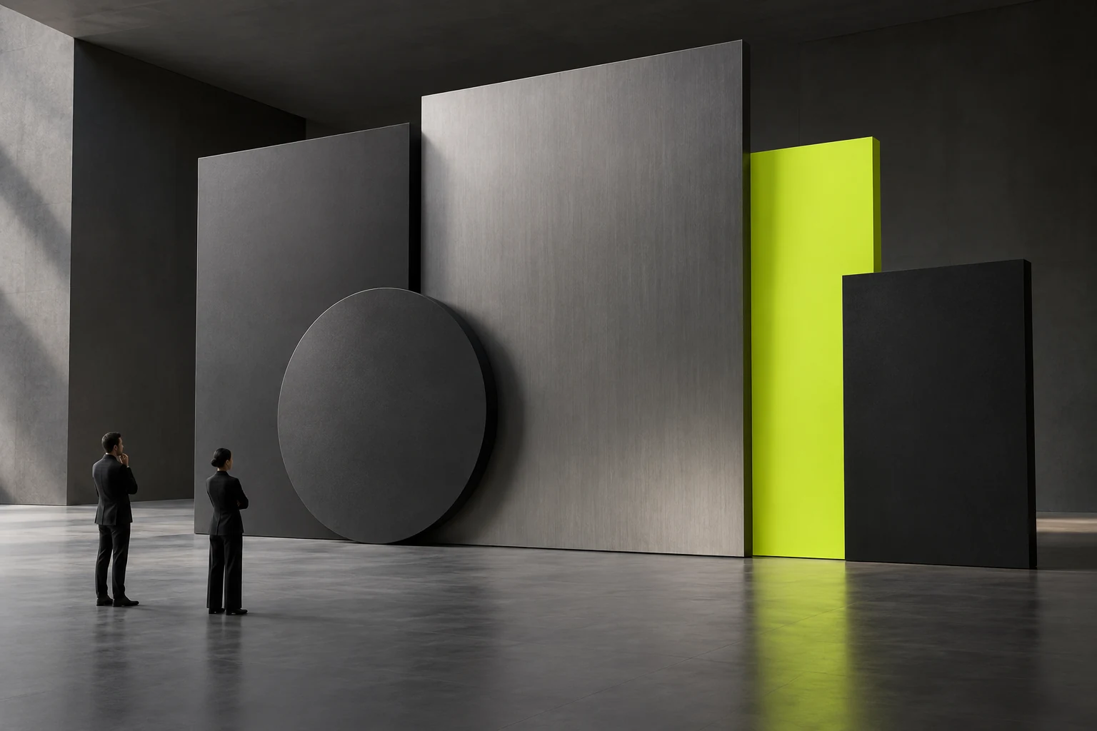 Gray modules with different proportions and lime emphasis areas test priorities and distinctions.