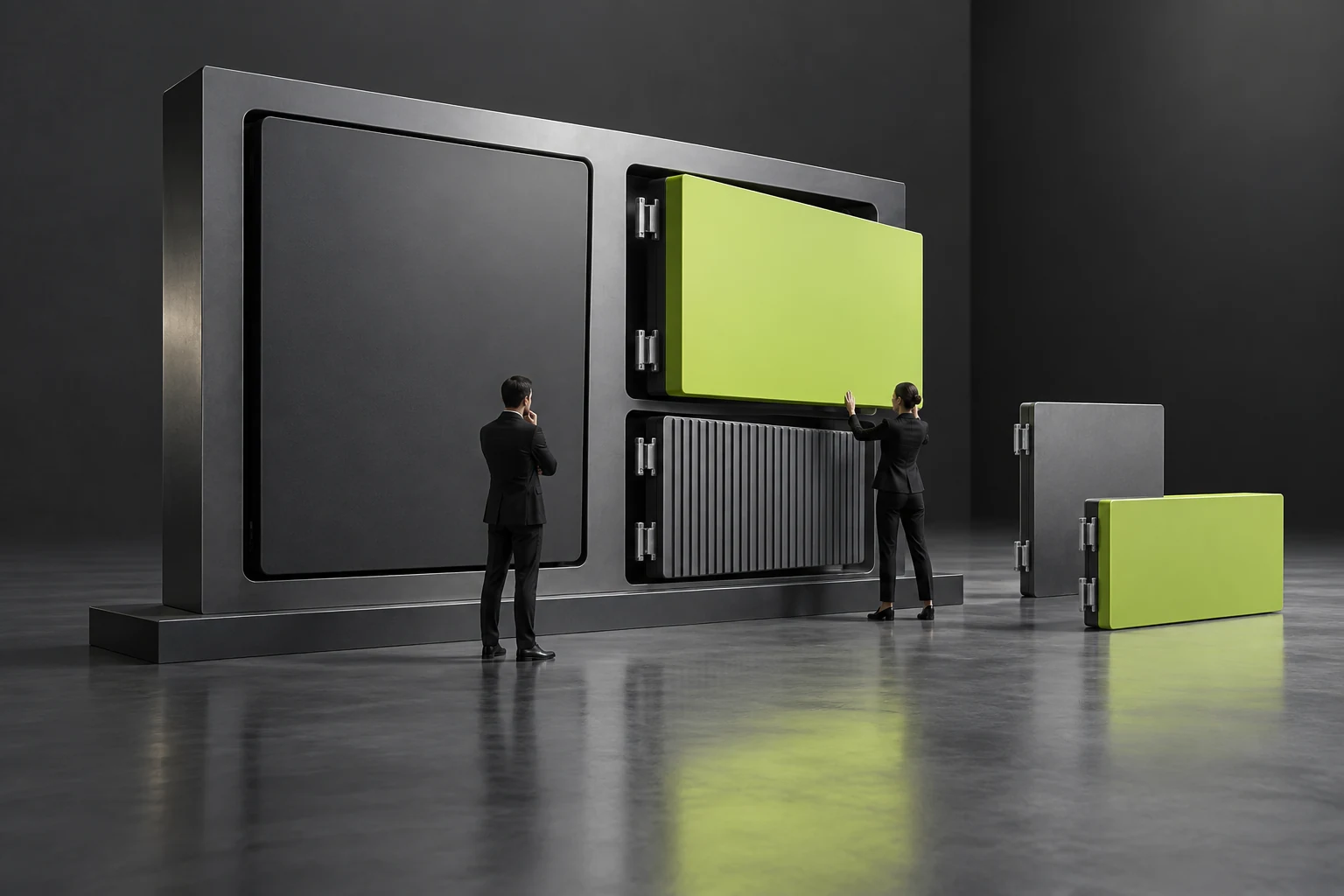 Replaceable modules and fixed identity structures use distinct connections to show production permissions.