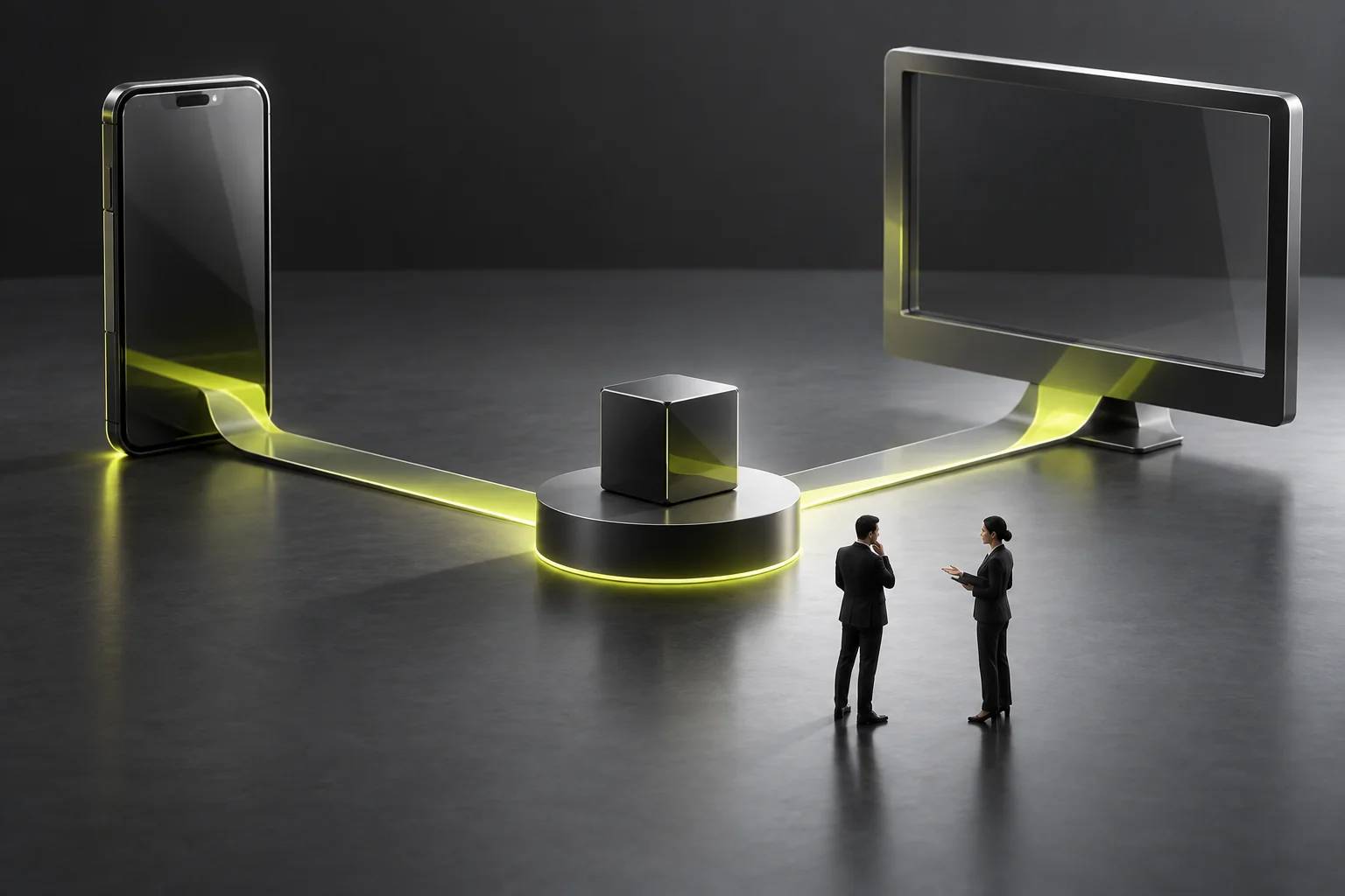 Conceptual diagram of mobile and desktop entry points connecting to the same product content