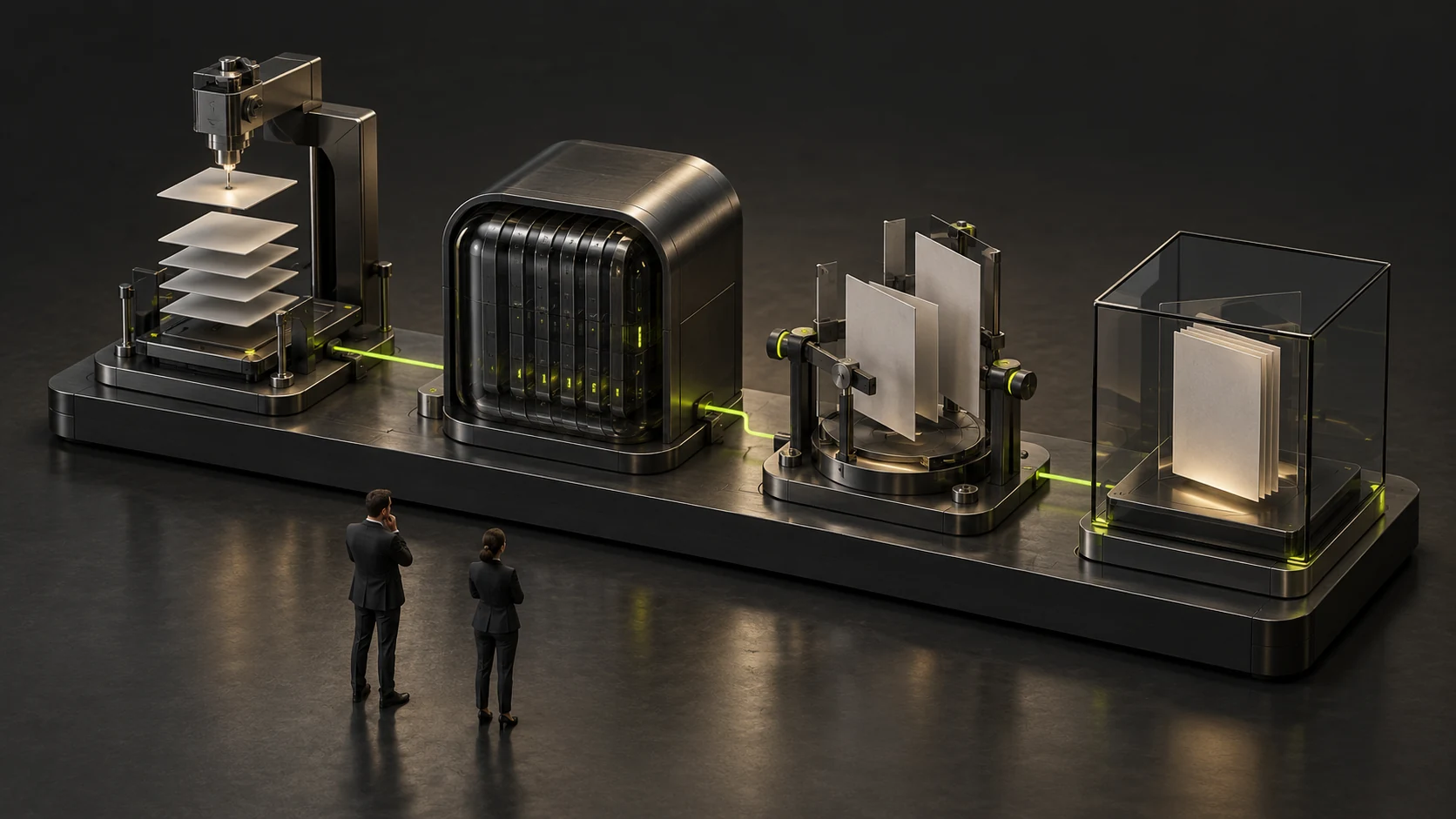 Two business figures observe connected generation, hosting, editing and delivery modules made of graphite metal and smoked glass.