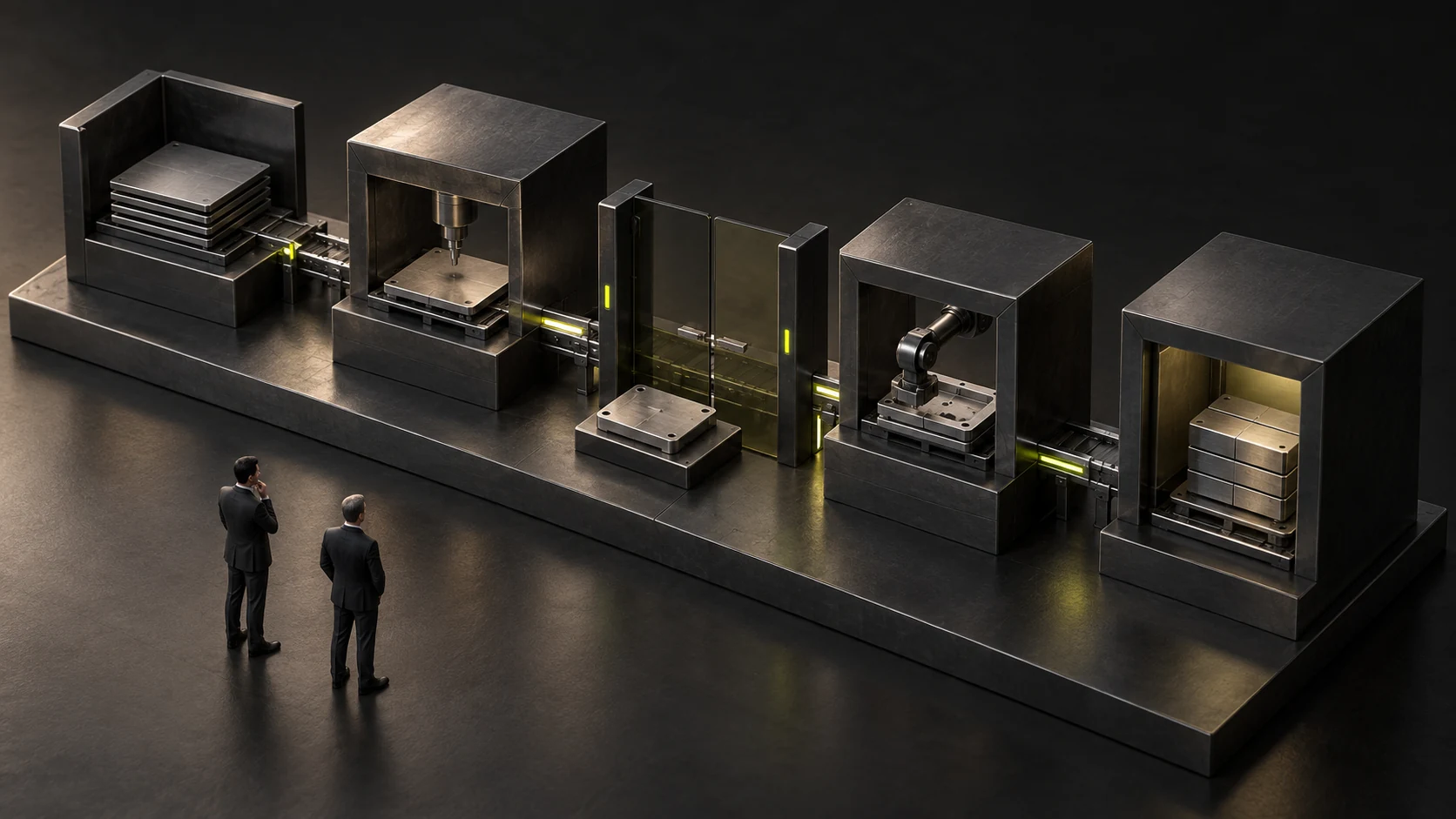 Two business figures inspect linked project-stage modules and a smoked-glass waiting gate representing approval and material dependencies.