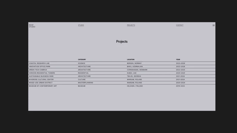 ROOF pale gray project index with names, categories, locations, and years aligned horizontally