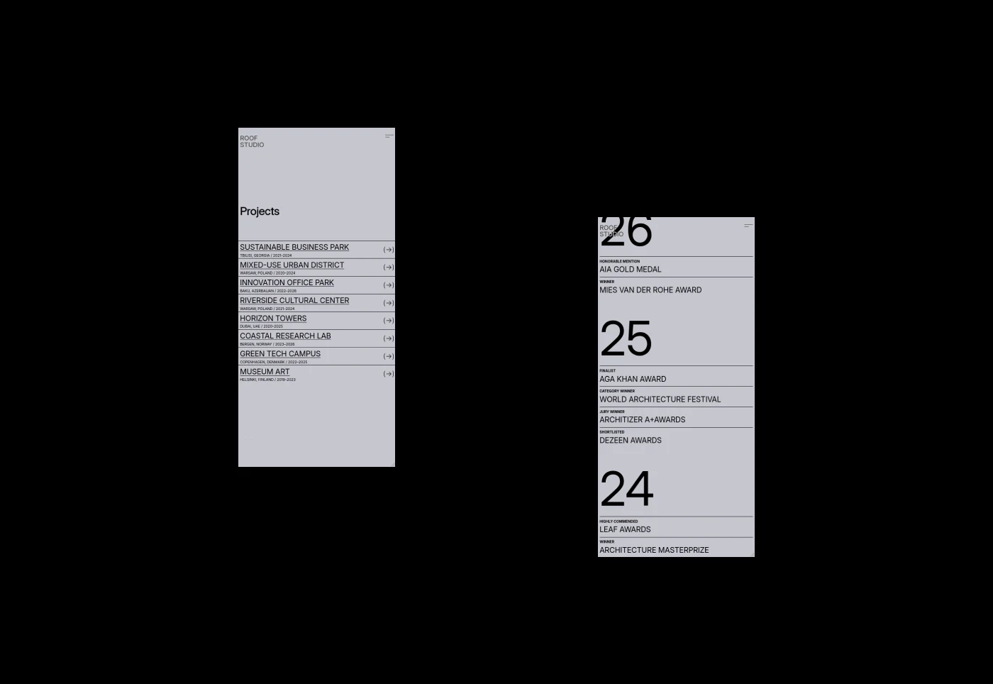 ROOF mobile project list beside an awards archive grouped under 26, 25, and 24