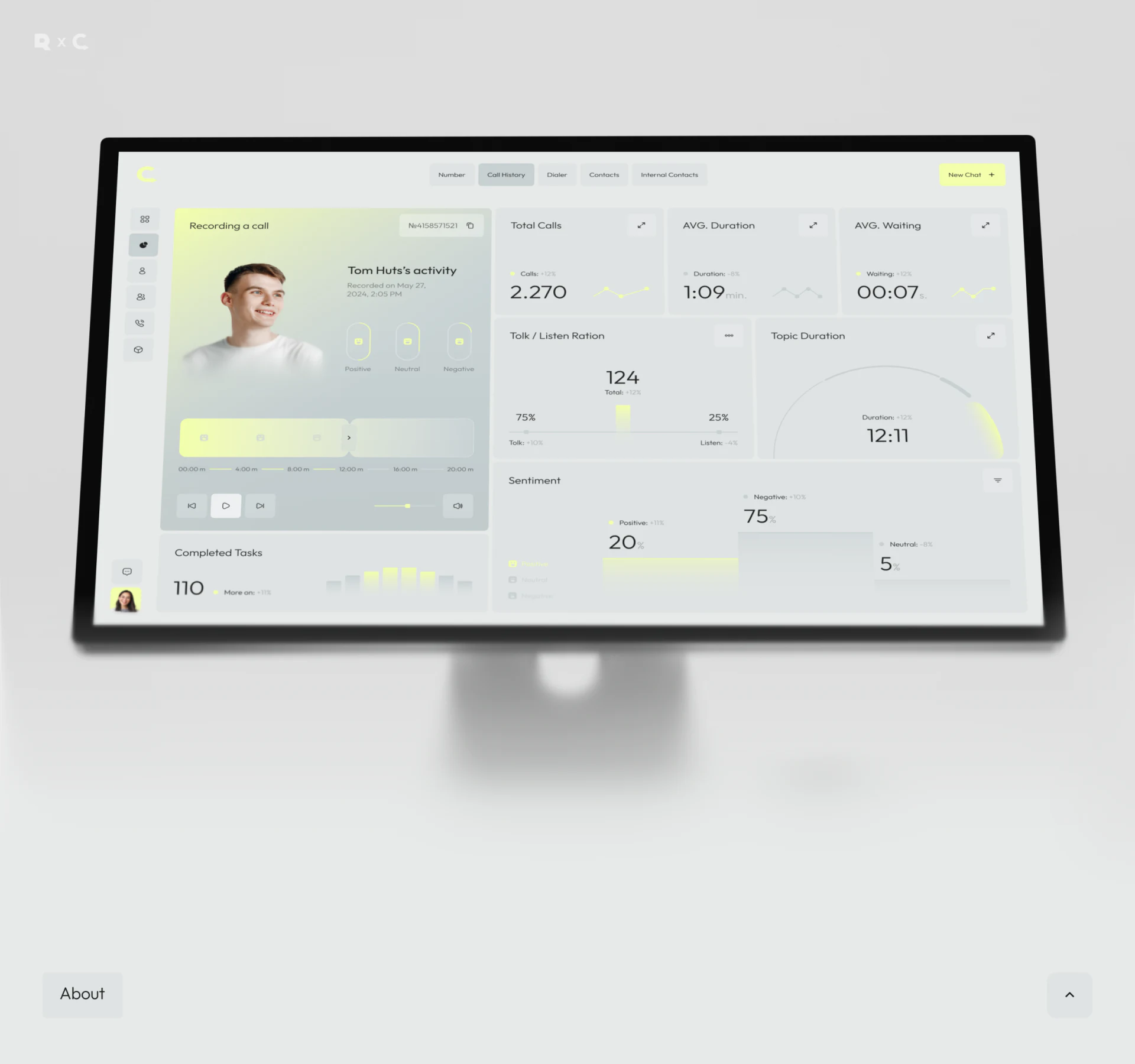Convox desktop recording card with person and date, segmented player and call-analysis cards on the right