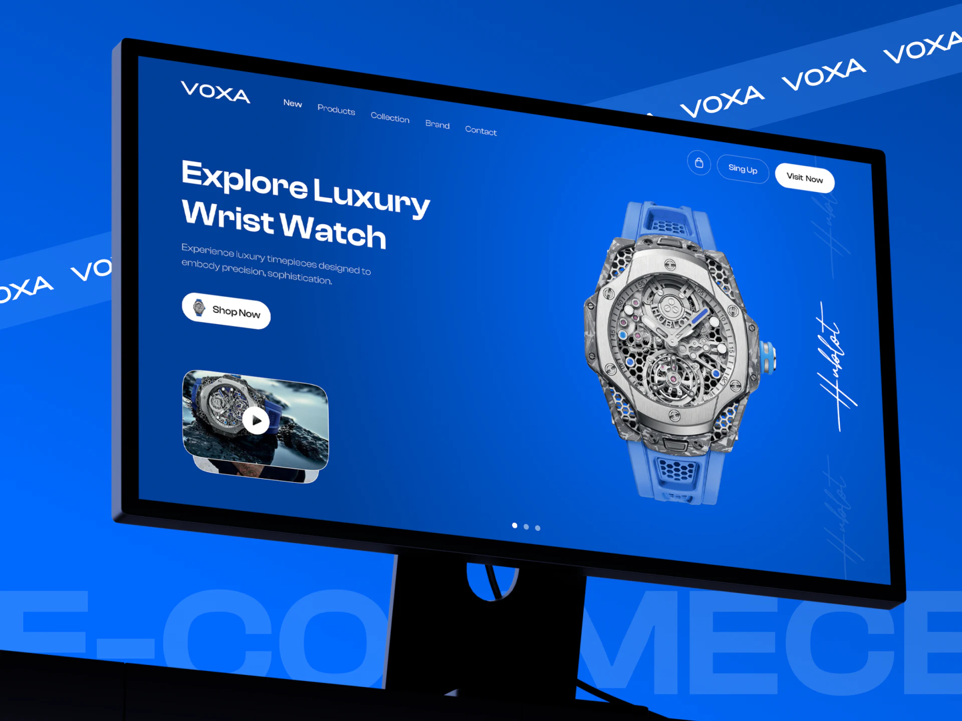 VOXA blue homepage hero with a mechanical watch on the right and a large heading, white Shop Now button, and video play card on the left