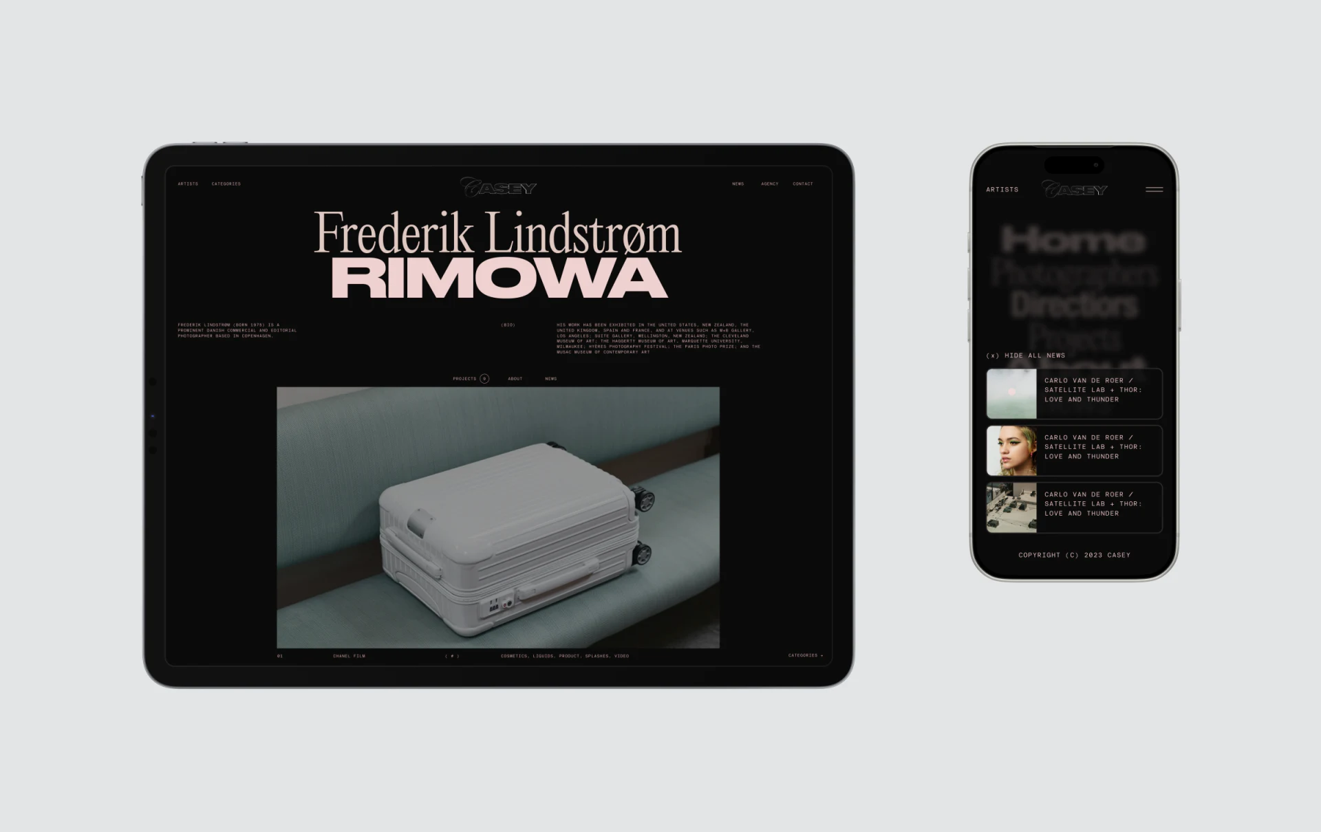 CASEY黑底作者页,Frederik Lindstrøm与RIMOWA淡粉大标题下方展示行李箱照片