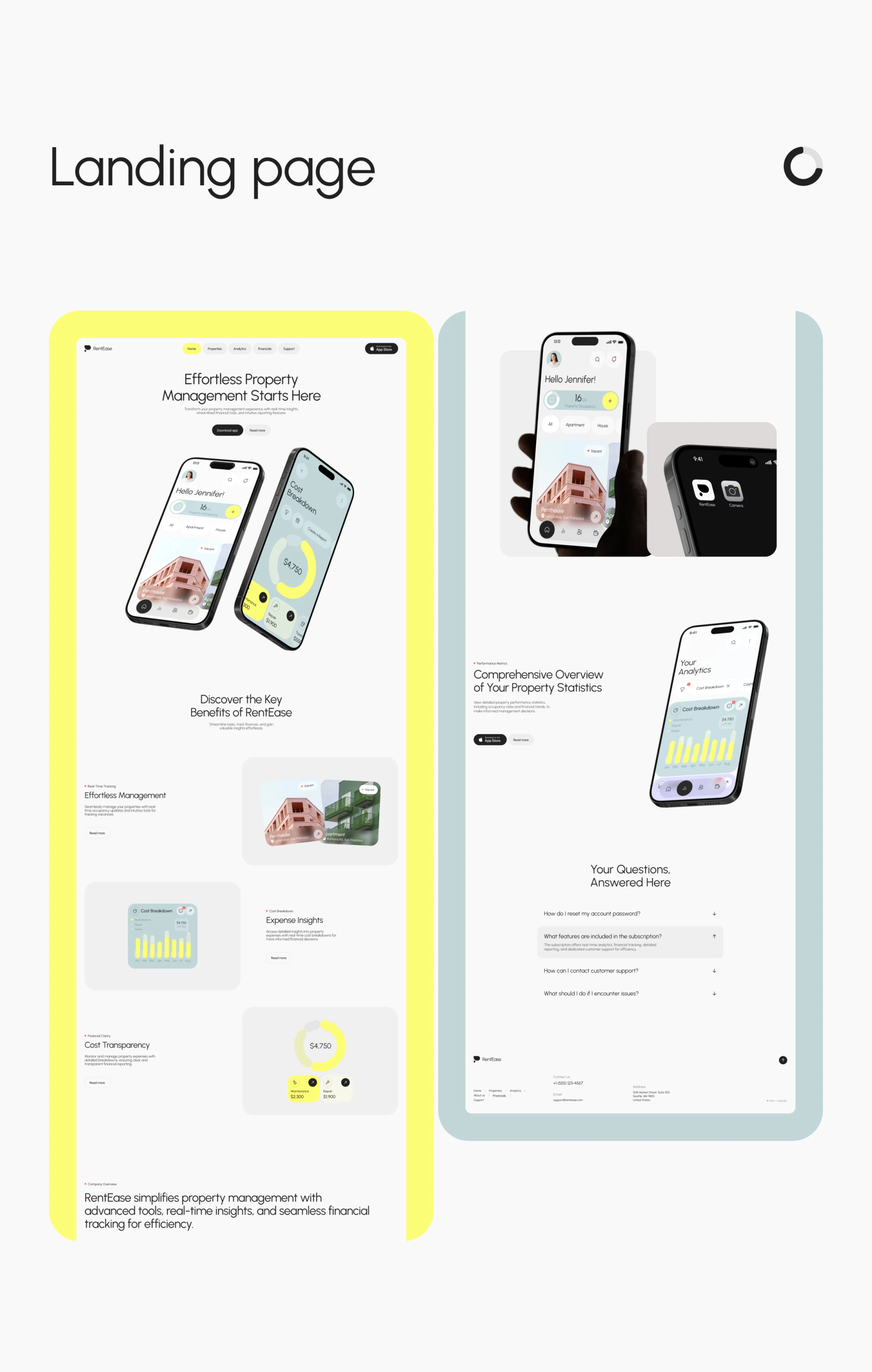 RentEase introduction website showing property categories, vacant property cards, and expense modules