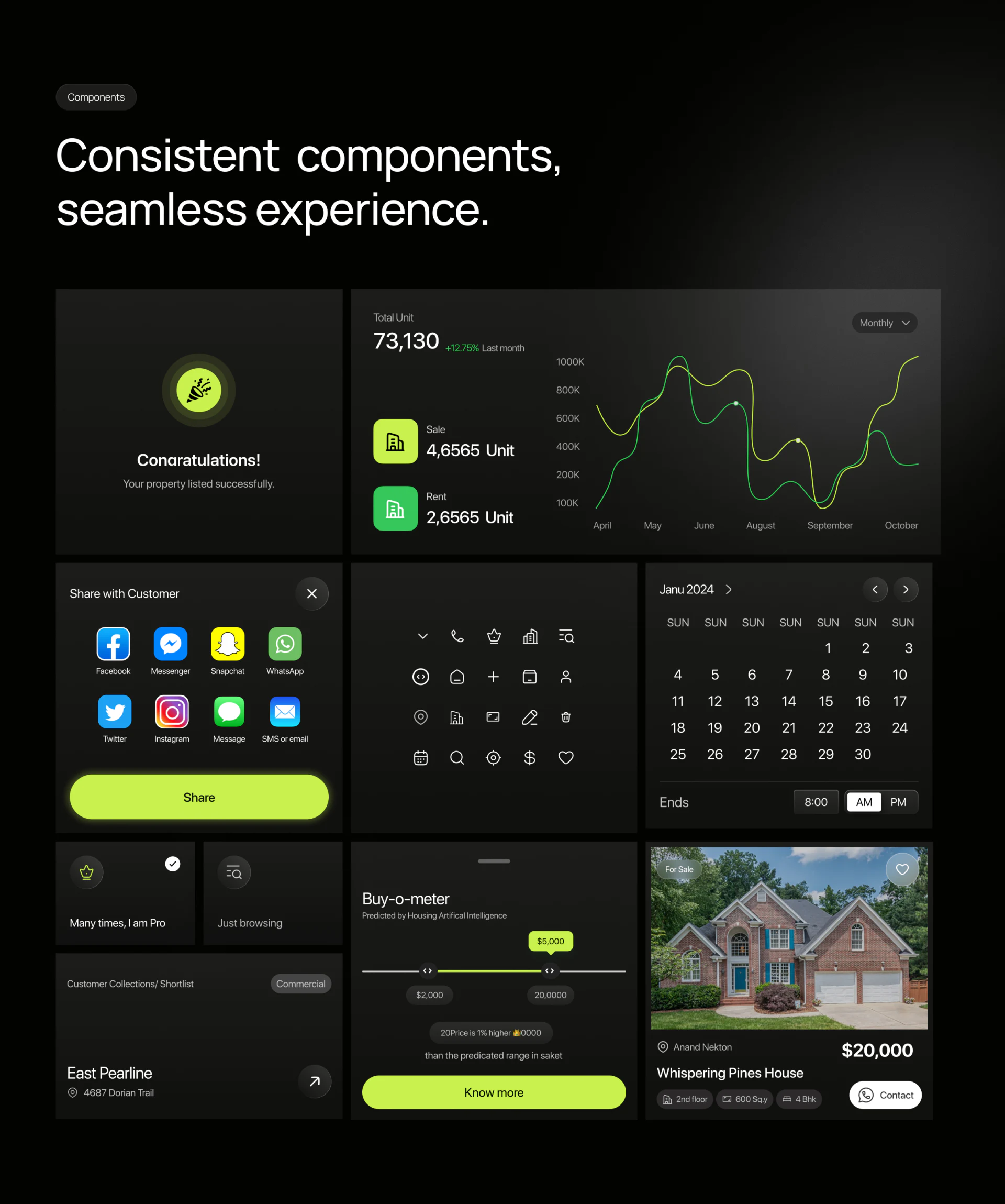 Rezo dark components including sharing, appointment calendar, bright price slider and contact card