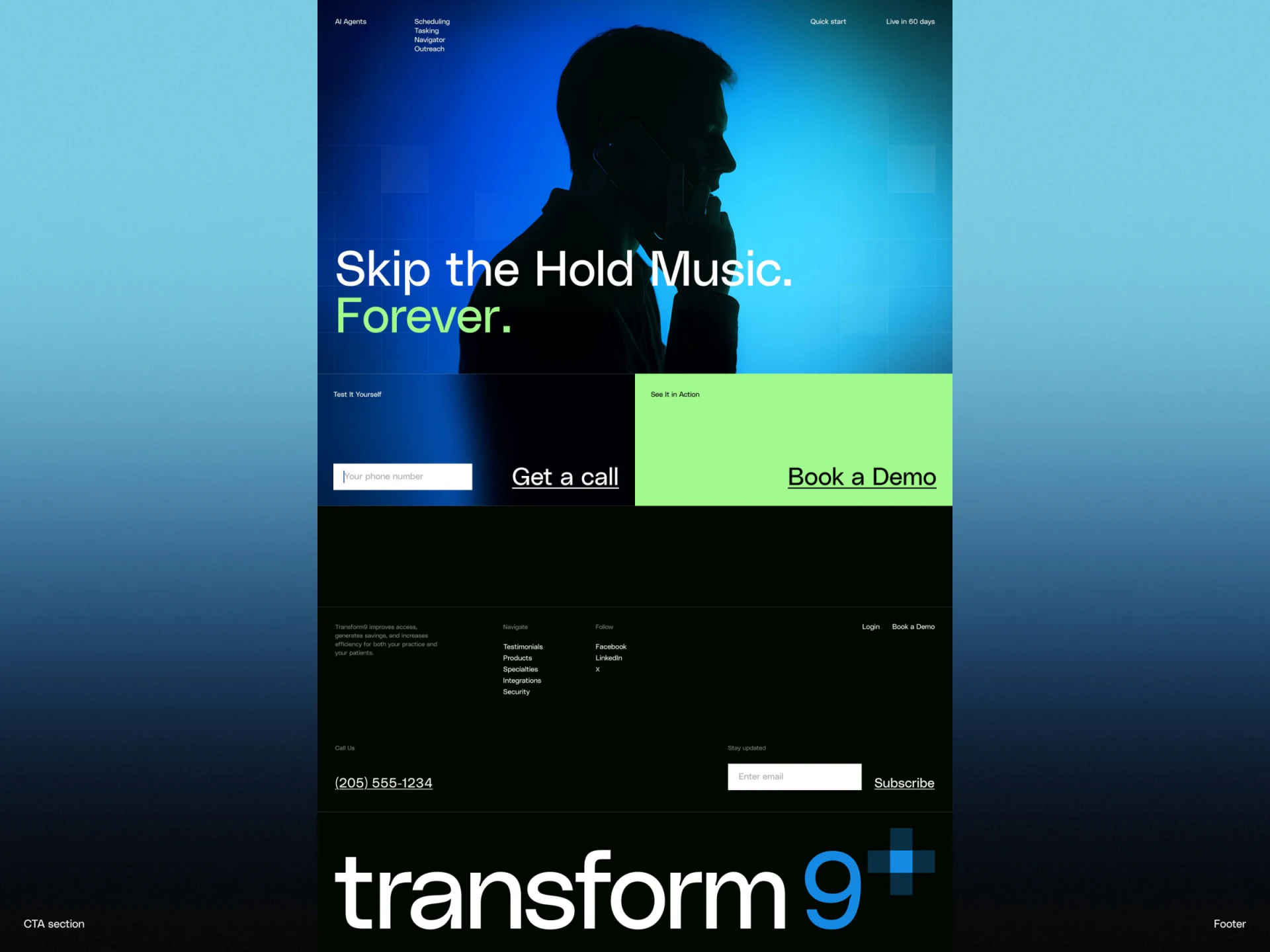 Transform9左侧电话回拨与右侧绿色Book a Demo区域,下方接黑色页脚