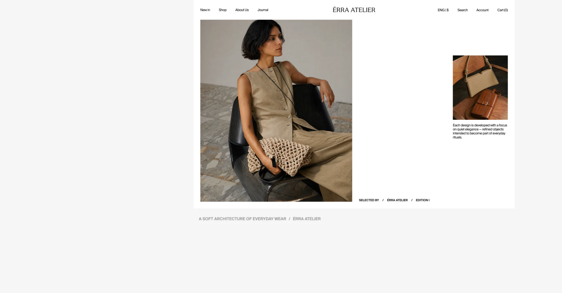ÉRRA ATELIER首页：左侧大幅米色穿搭照片、右側较小包袋照片与短文案，顶部完整导航