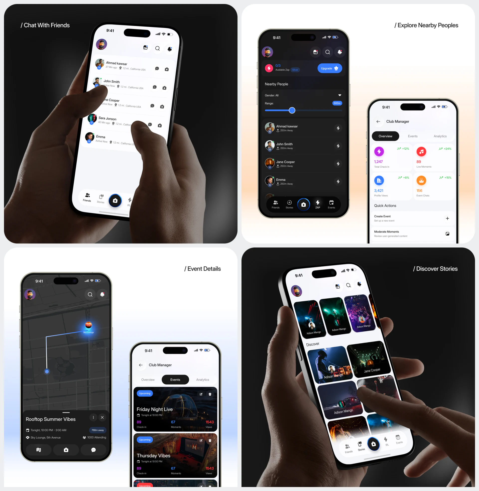 Momento collage with friend list, nearby Range slider, blue-route event map, story photographs, and organizer event page