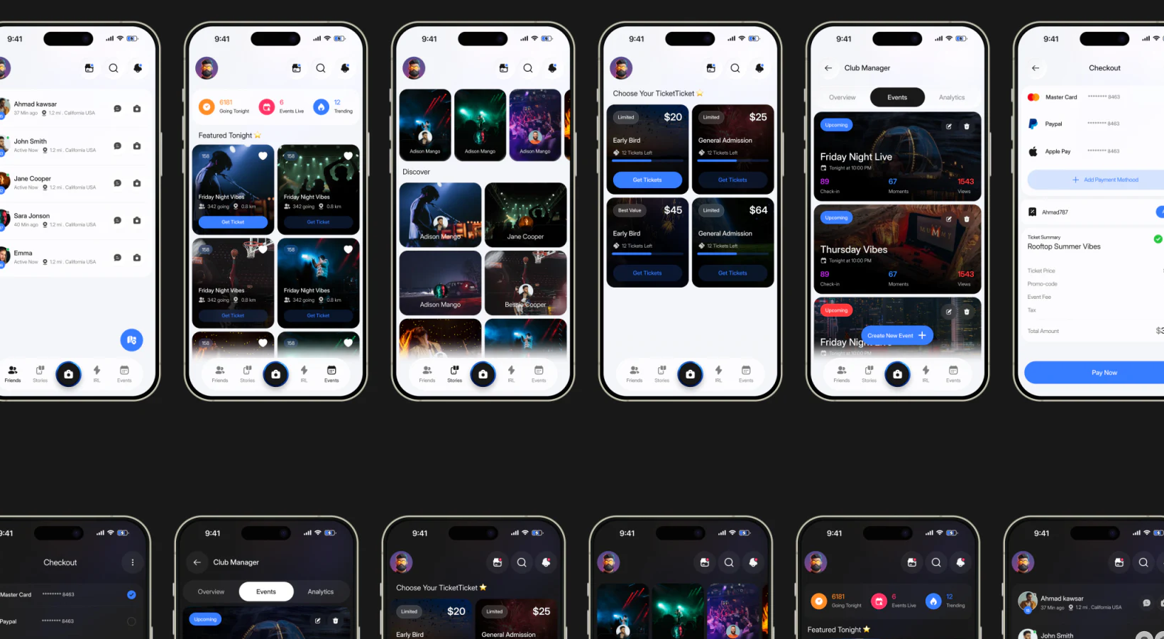 Four Momento ticket cards in light and dark themes with prices, Early Bird and General Admission names, badges, remaining-quantity lines, and blue purchase buttons
