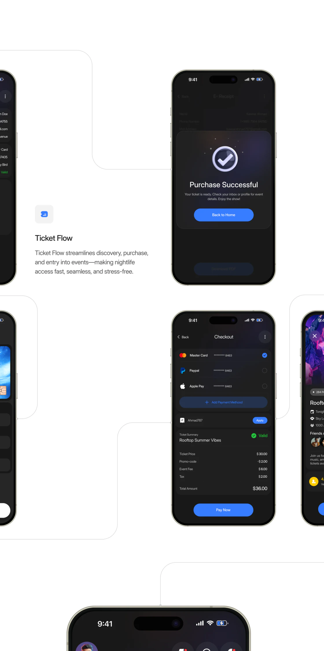 Momento purchase-success overlay and Checkout with payment methods, event summary, fee items, total, and blue payment button