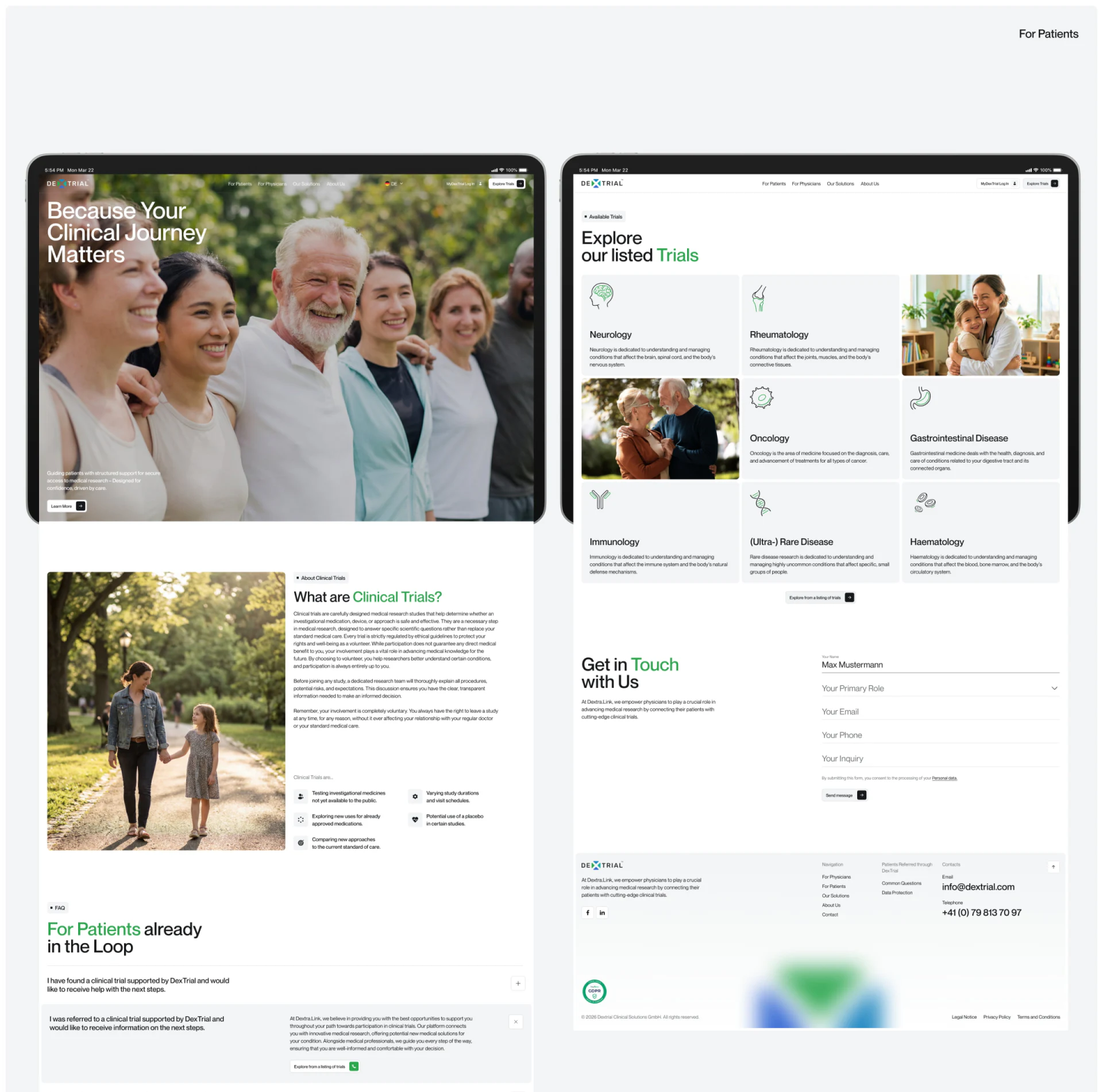 DexTrial patient page with people imagery, basic explanations and FAQ, beside area categories and a contact form
