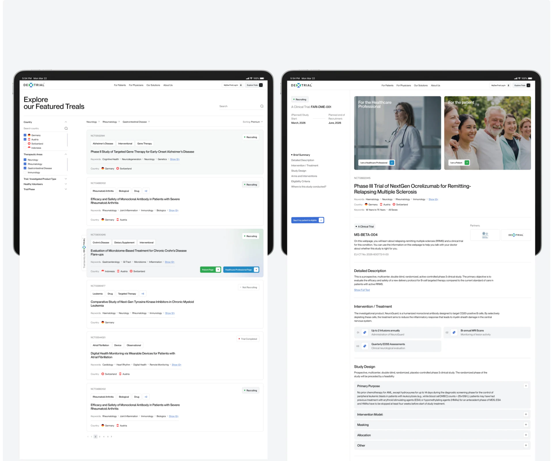 DexTrial study list with filters on the left, beside details with patient and professional entries and contents navigation
