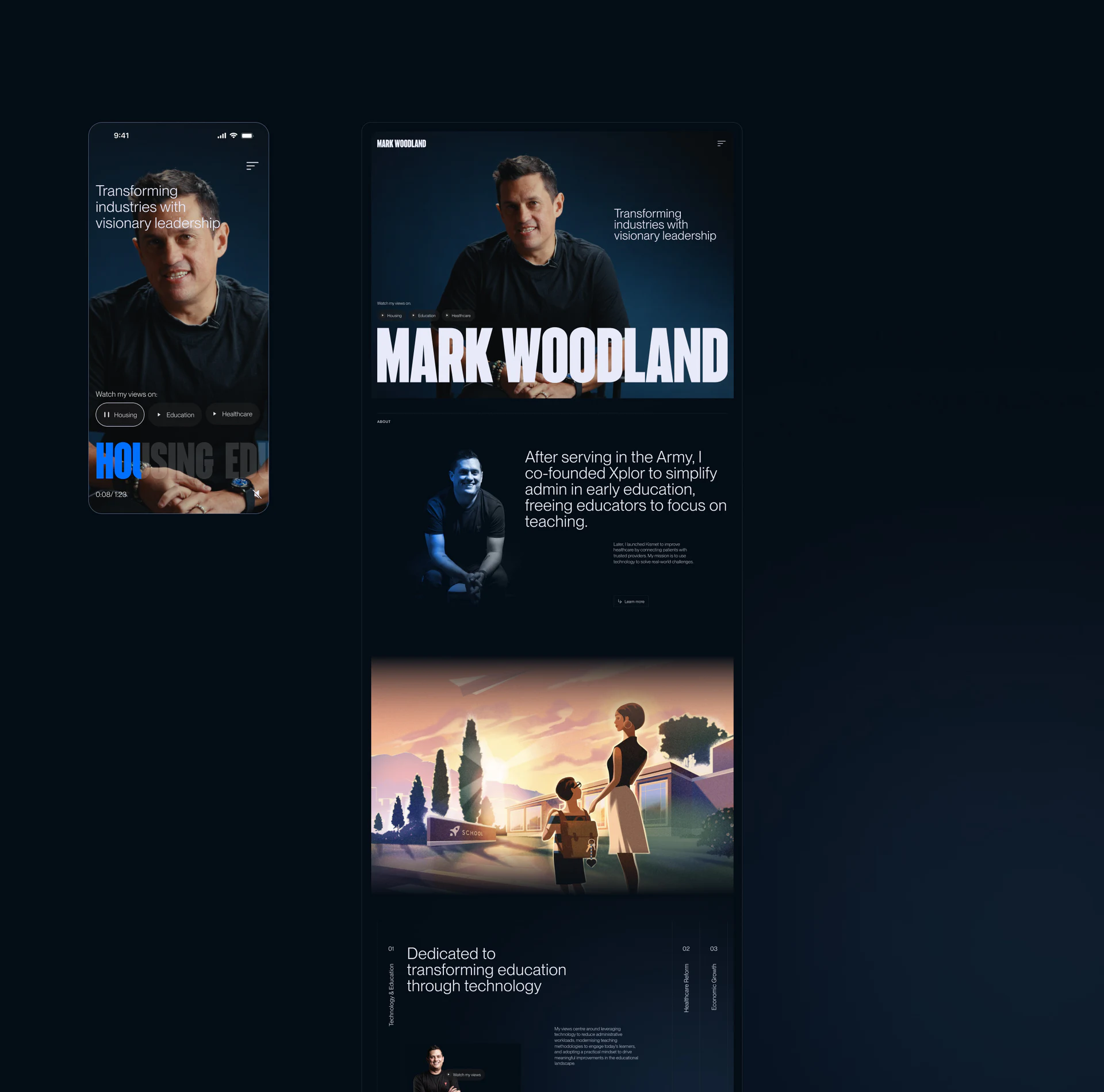 Dark blue hero with portrait imagery, three topic buttons, and mobile playback time