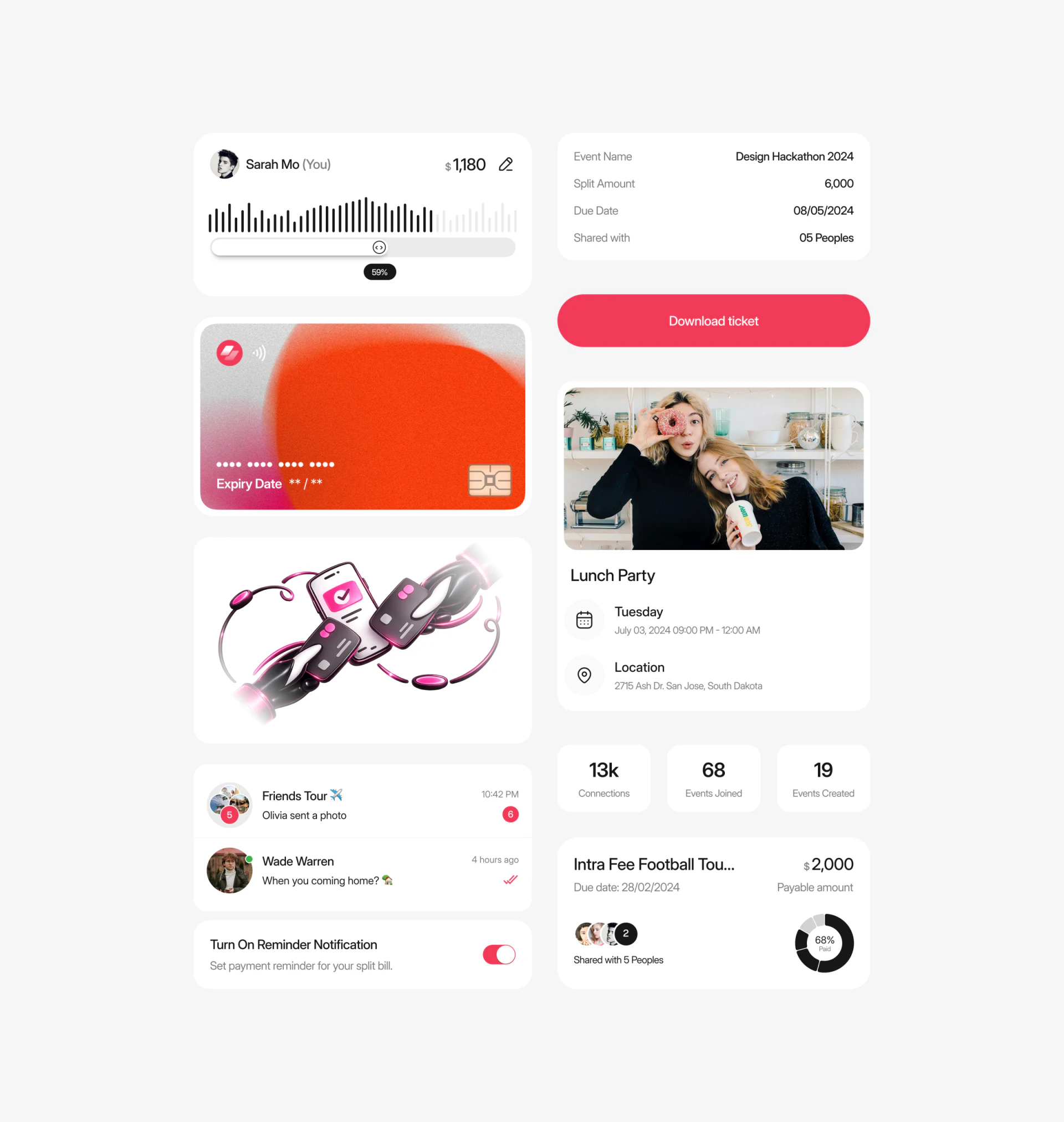 Instant personal amount and 59% slider, event bill summary, reminder switches, and paid-progress ring components