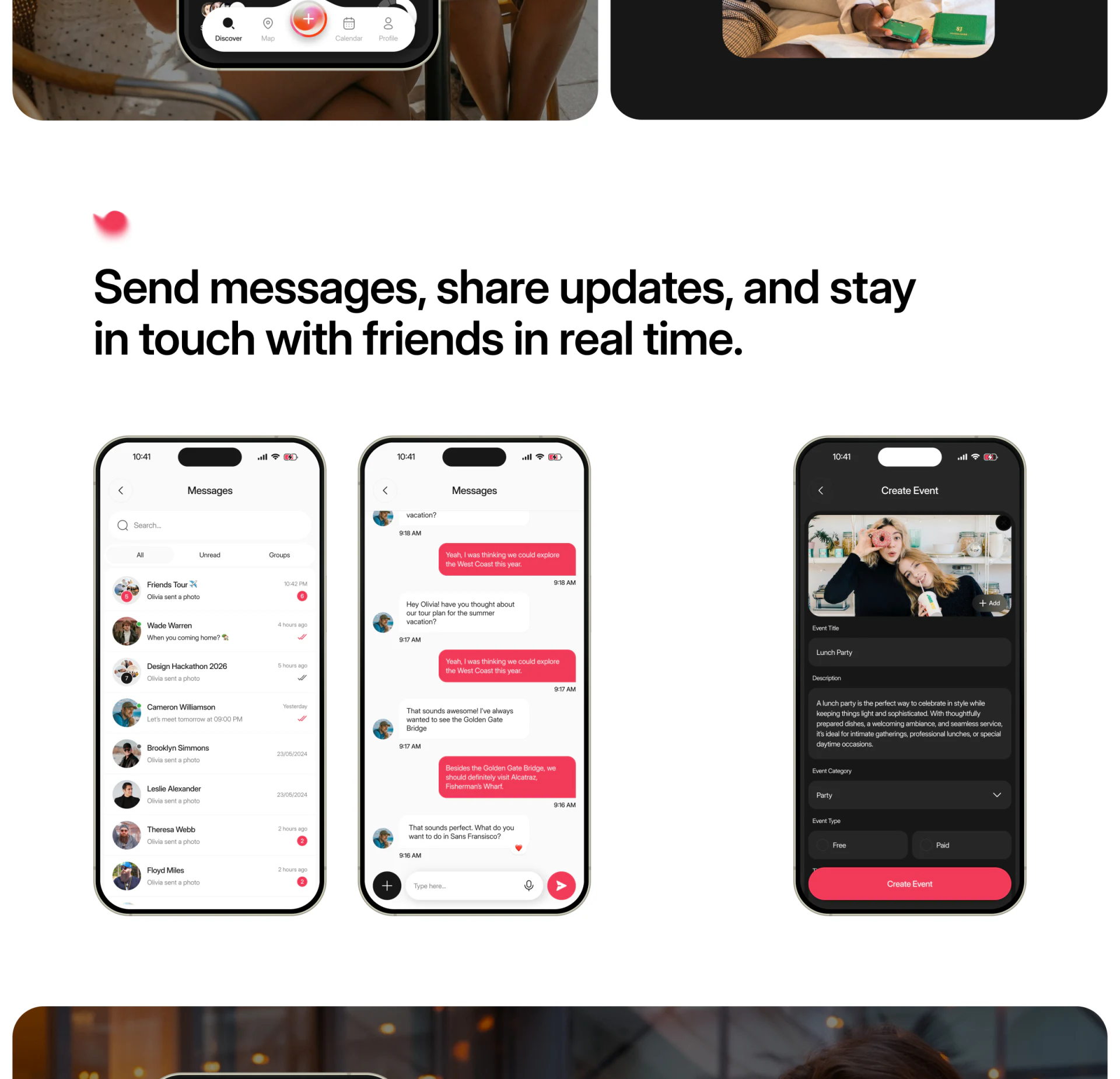 Instant message list, chat interface, and event creation with title, category, and Free/Paid options on the right