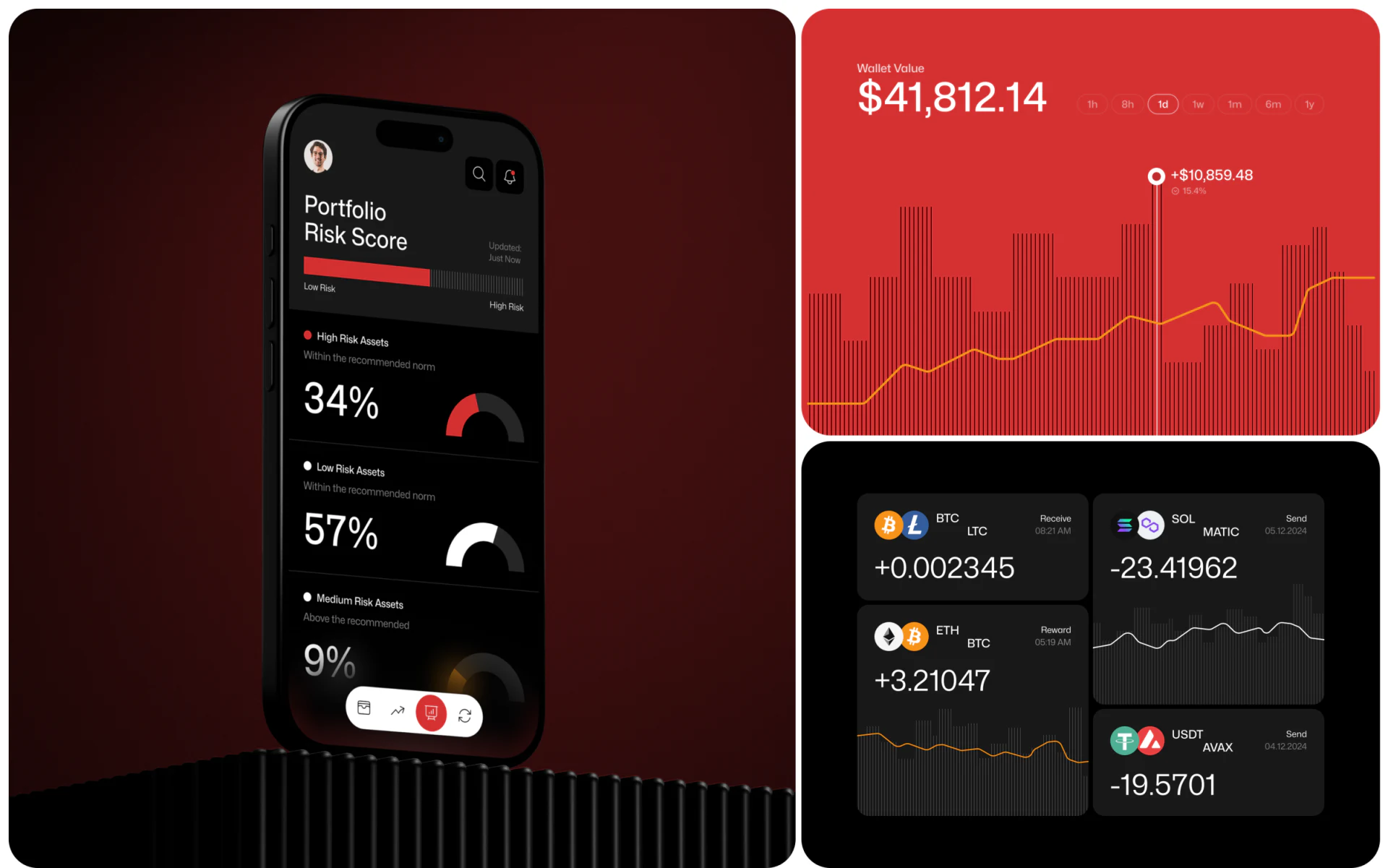 PayTech red and black asset interface with risk overview, wallet-value chart, and Receive, Send, and Reward cards