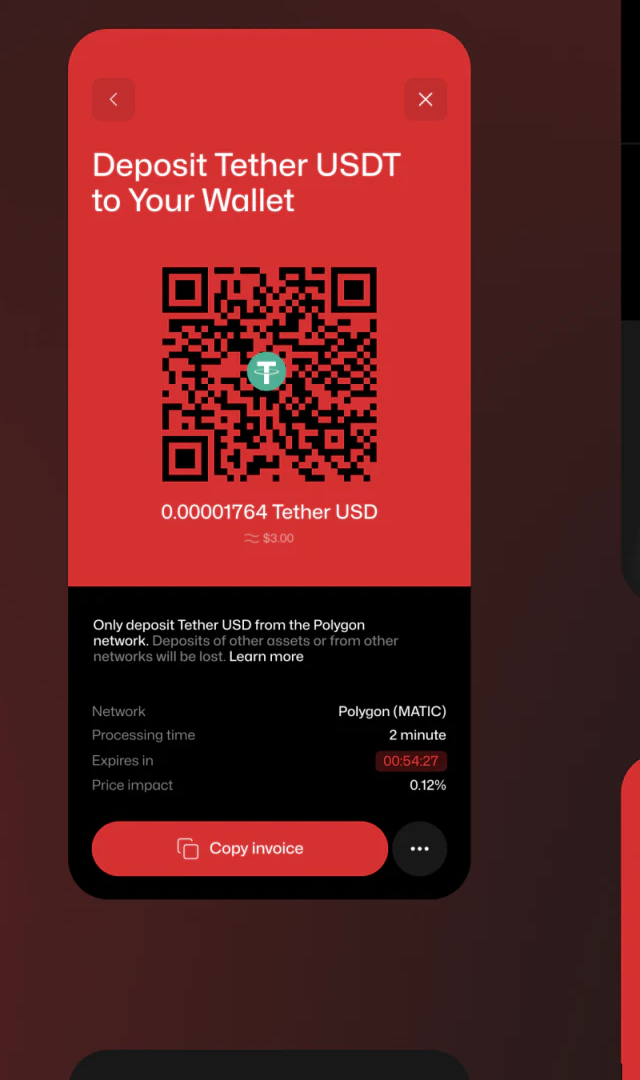 PayTech red deposit QR area above black Polygon network, processing time, expiry countdown, and Copy invoice