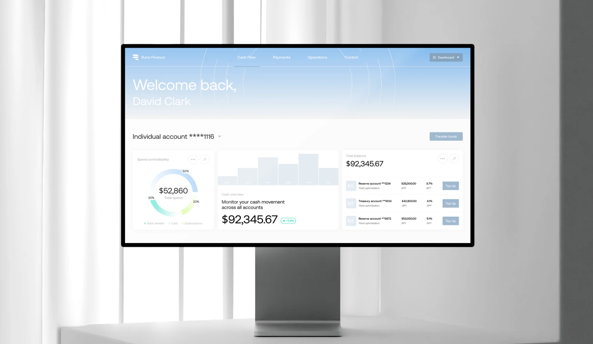 Runo account selection, spending ring, cross-account cash overview and balance entries