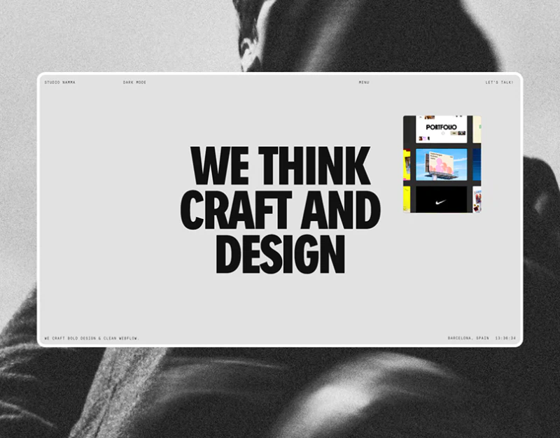 Studio Namma homepage with a pale frame over a monochrome portrait, three-line bold statement, colored project previews at upper right, and fine navigation text