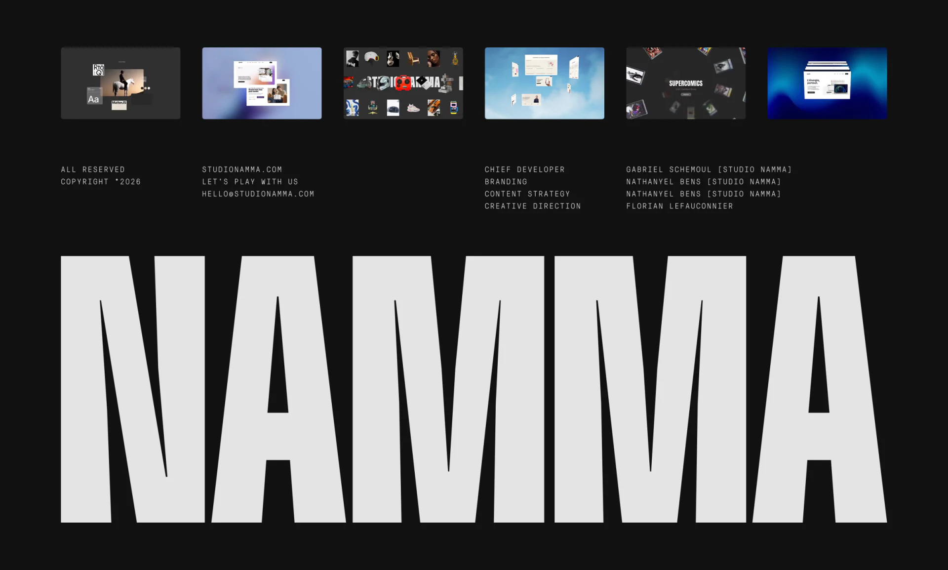 Namma footer with six colored project thumbnails, contact and role columns, and huge white NAMMA below