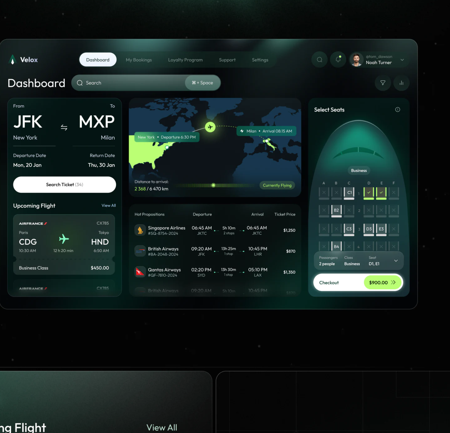 Velox desktop with search left, map and flight list center, and seats and checkout right