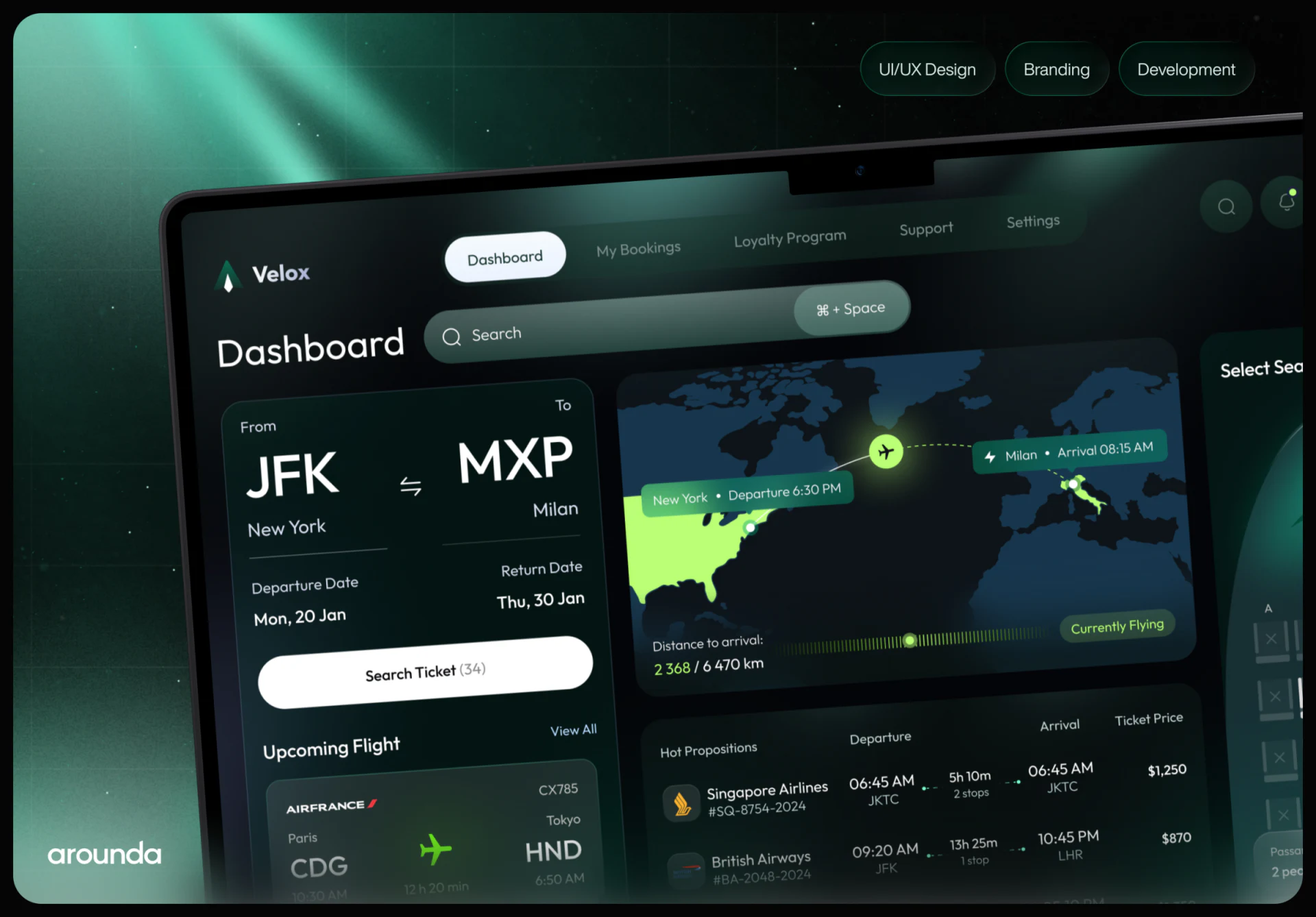 JFK-to-MXP search card and route map labeled Currently Flying