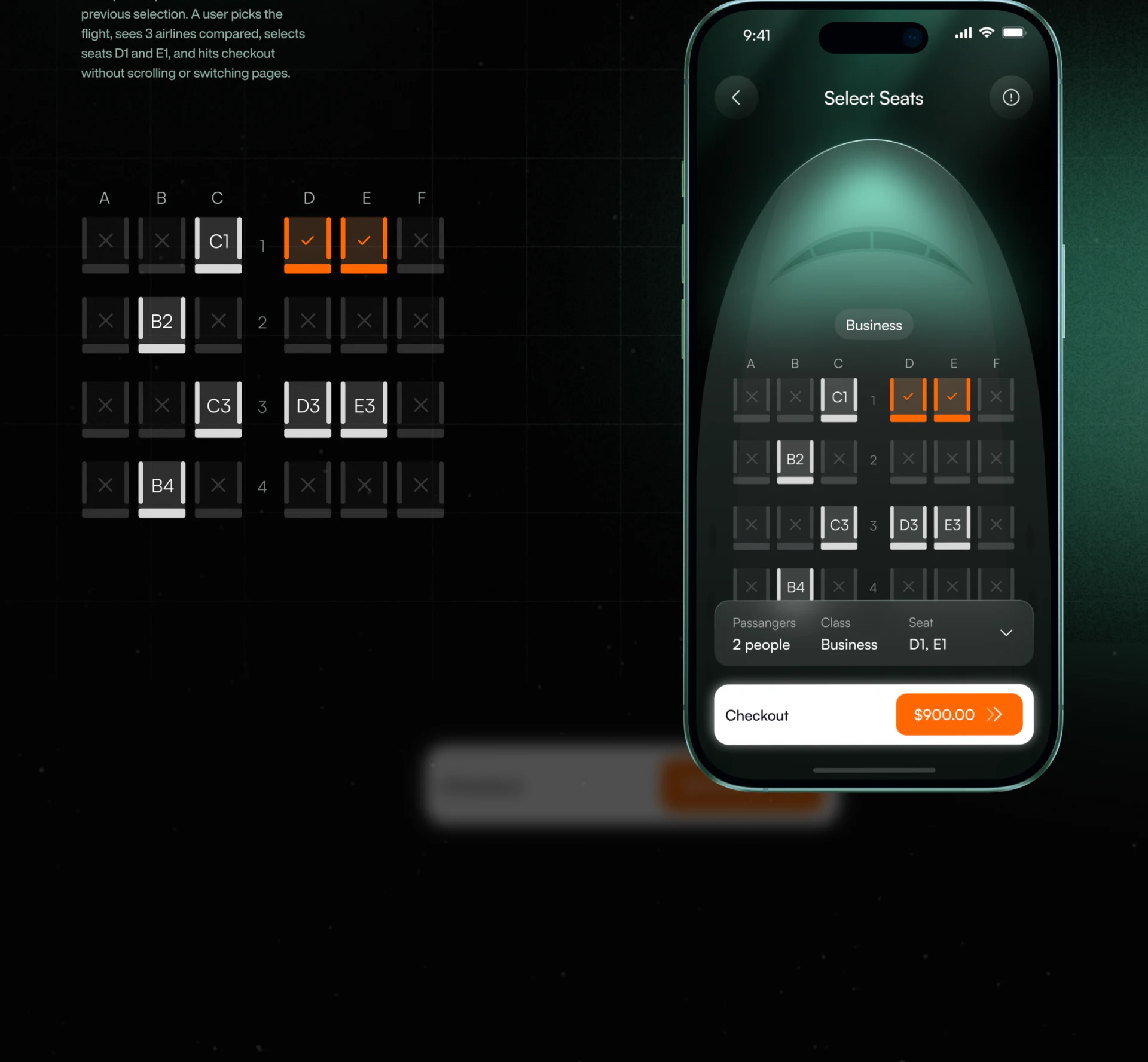 Mobile D1 and E1 seat choices with passenger, class, and seat summary and Checkout