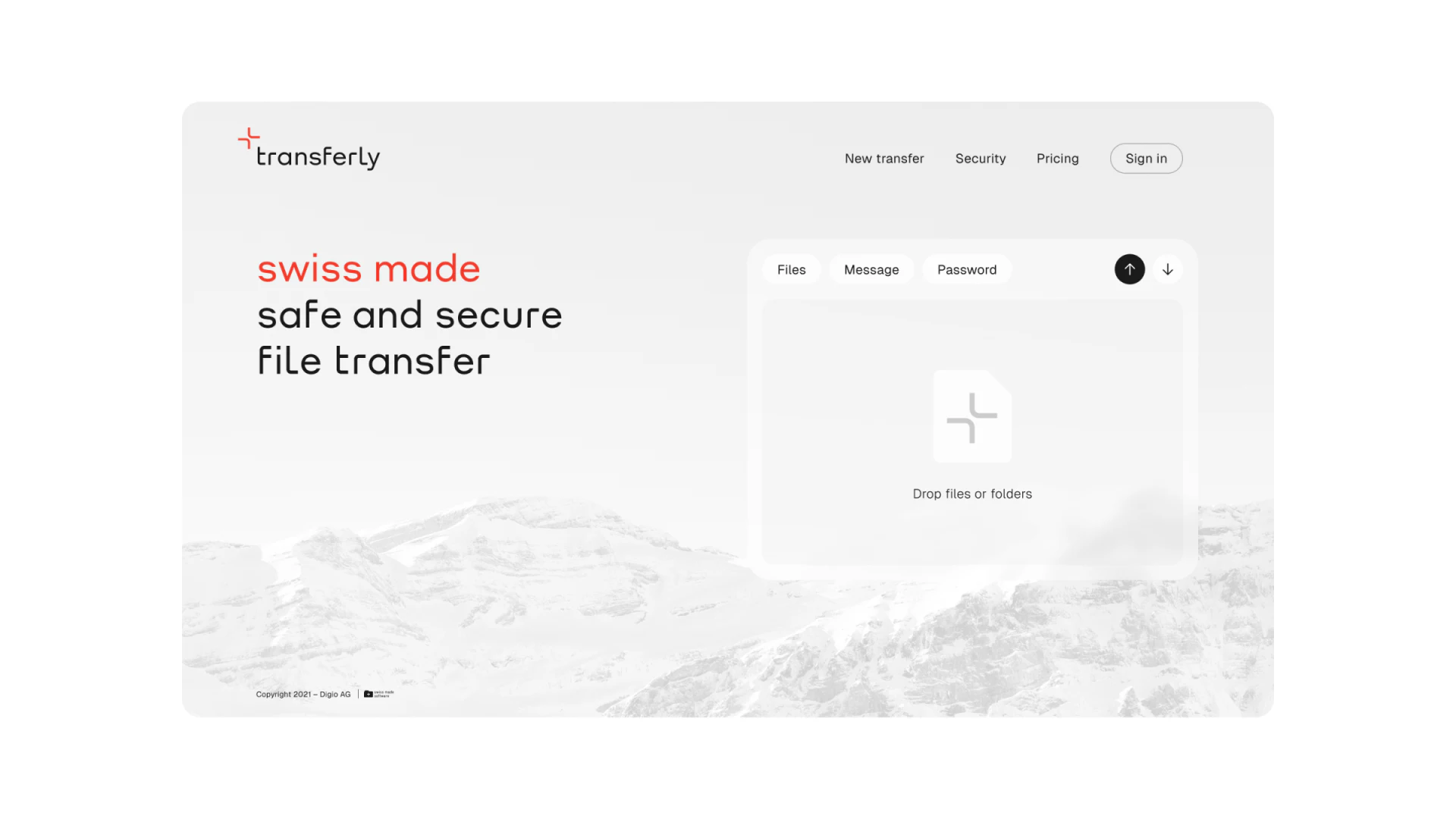 Transferly light initial page with file drop area, configuration tabs, and direction buttons