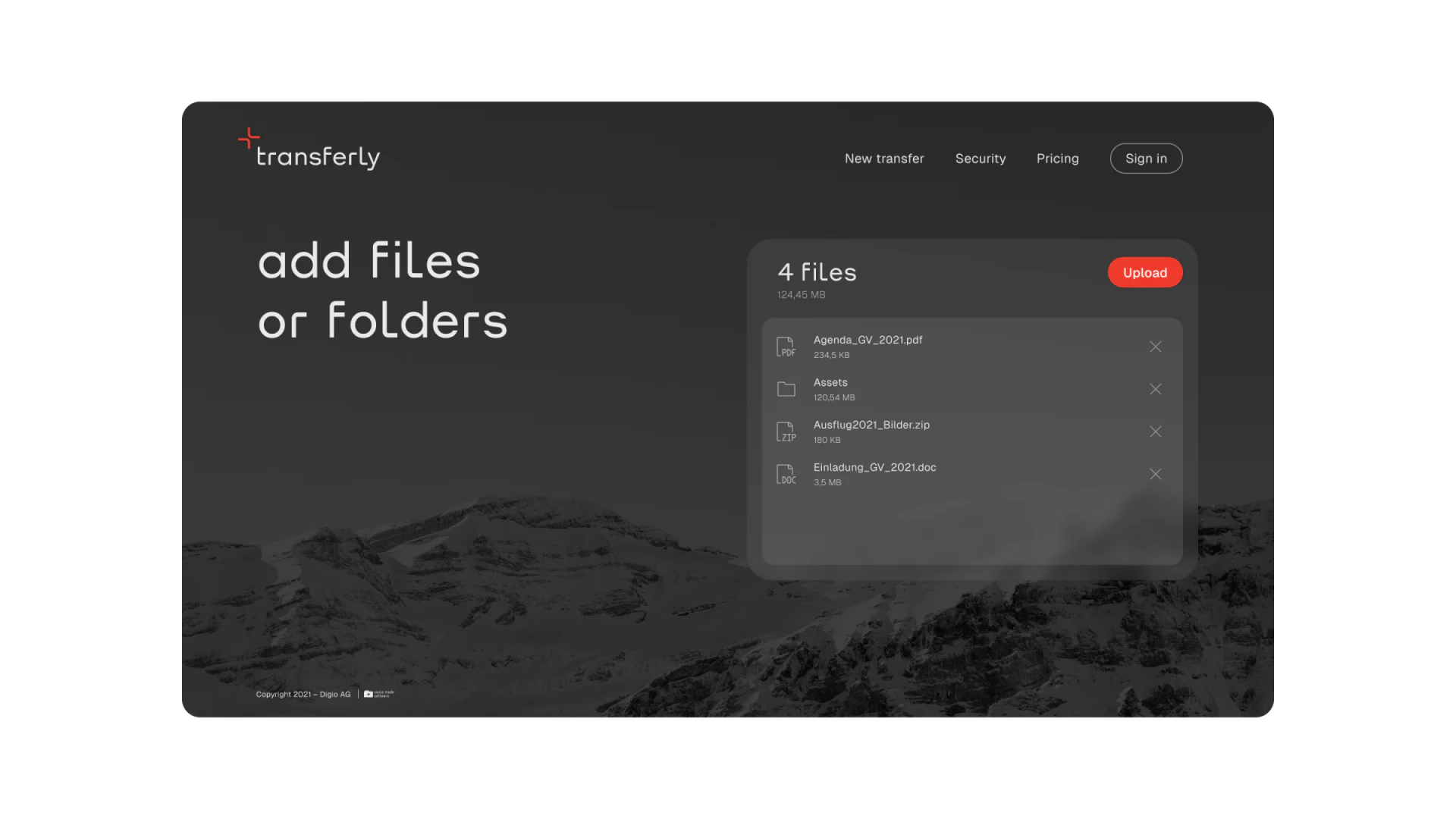 Transferly upload queue with filenames, folder, sizes, and delete icons