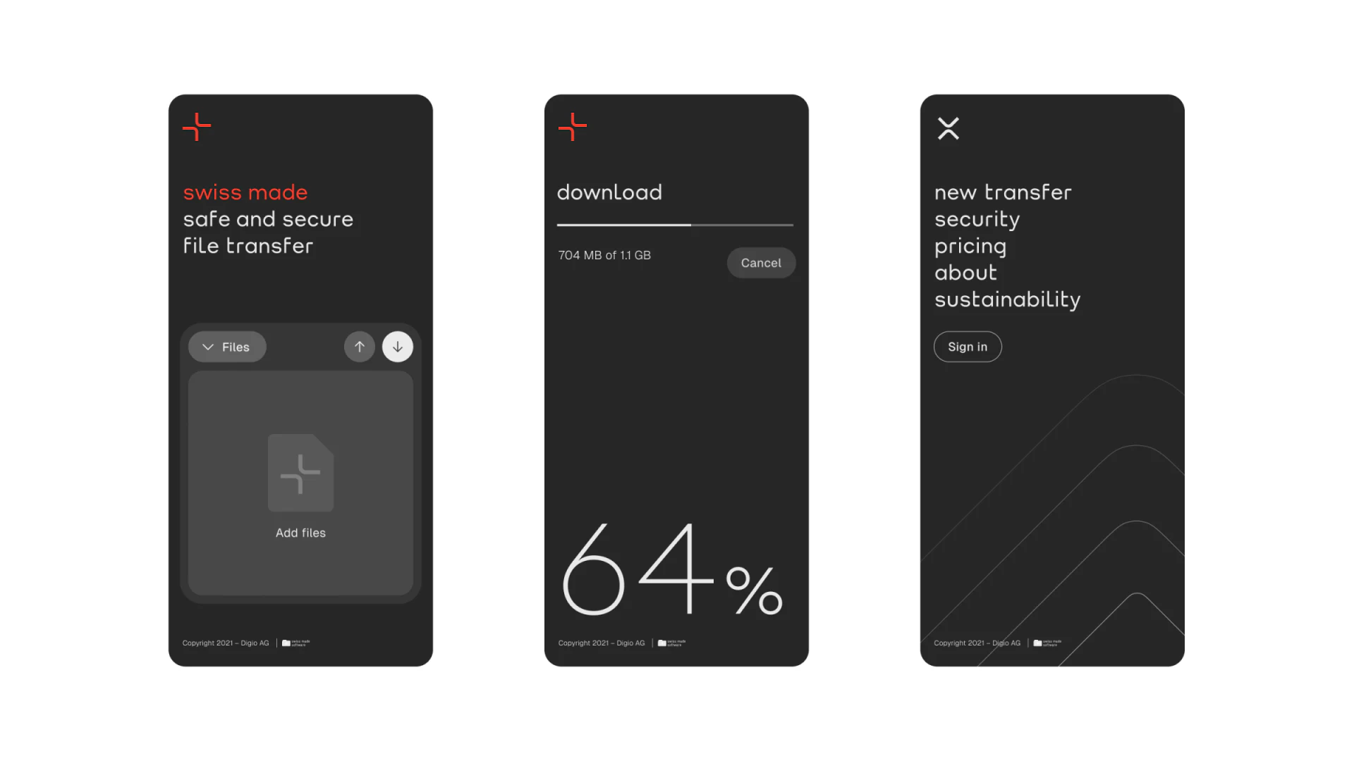Transferly dark mobile download with size, progress bar, Cancel, and 64%