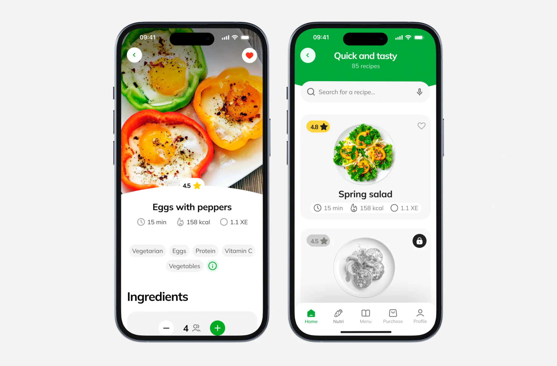 NutriRecipes pepper-and-egg detail and salad list with large photos, short fields, tags, Ingredients and people controls