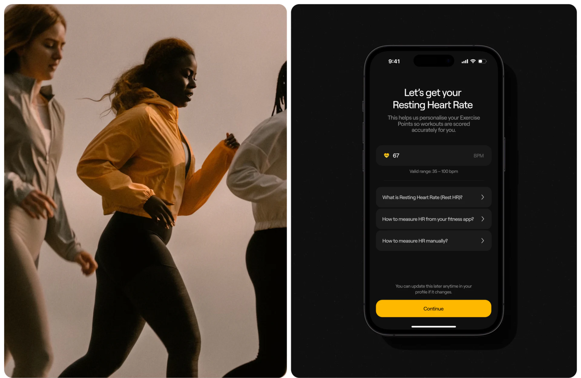 NestEgg black onboarding page with Resting Heart Rate input, BPM, three help entries, and yellow Continue