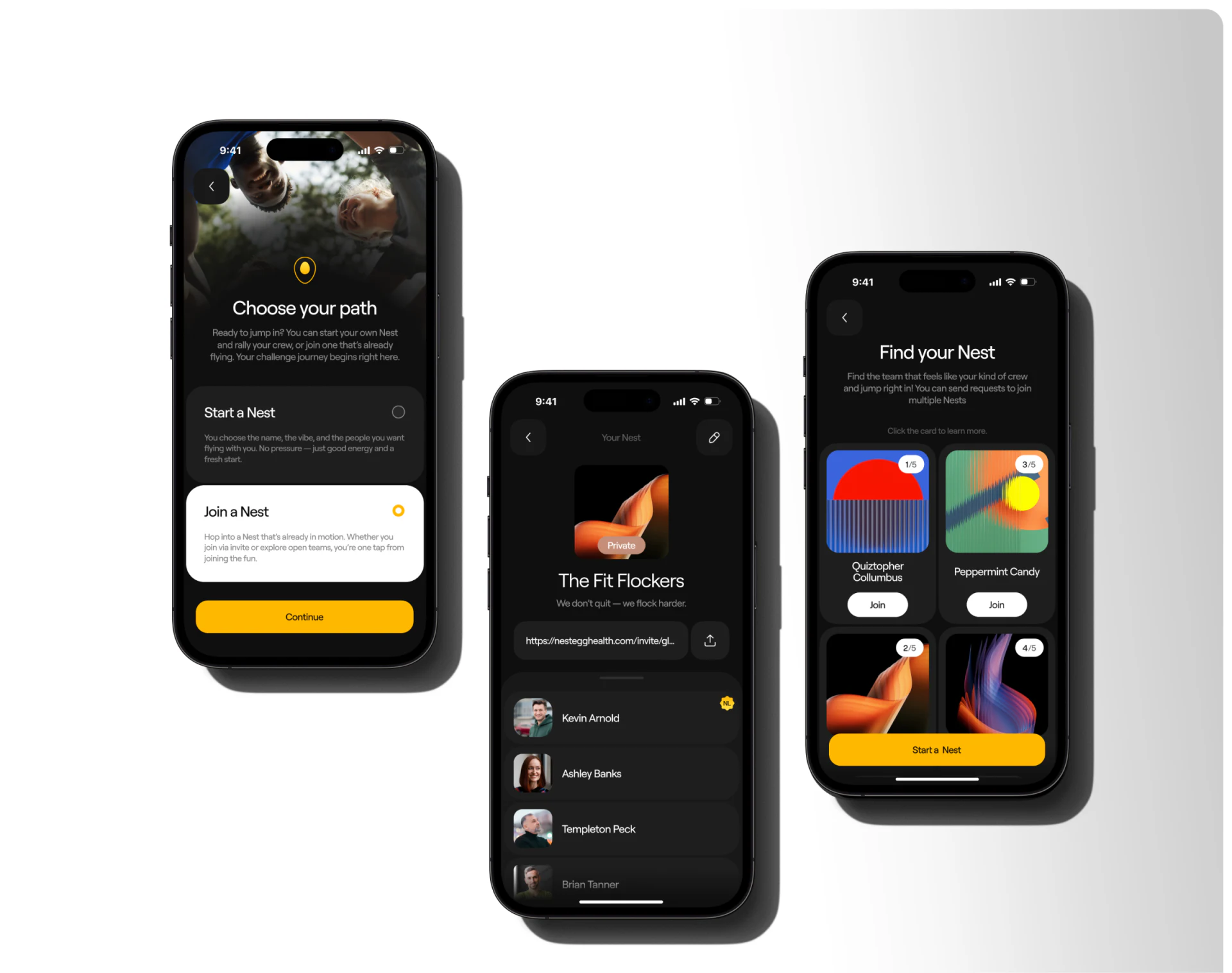 NestEgg create-or-join choice, Private team members, and discovery cards with member counts and Join