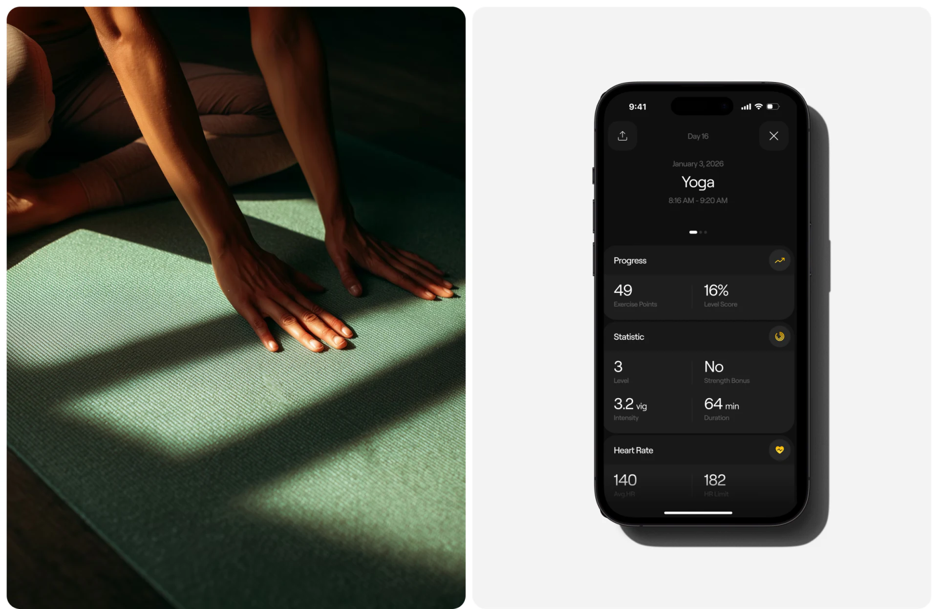 NestEgg Yoga details with date, start/end times, Exercise Points, Level Score, and heart-rate statistics
