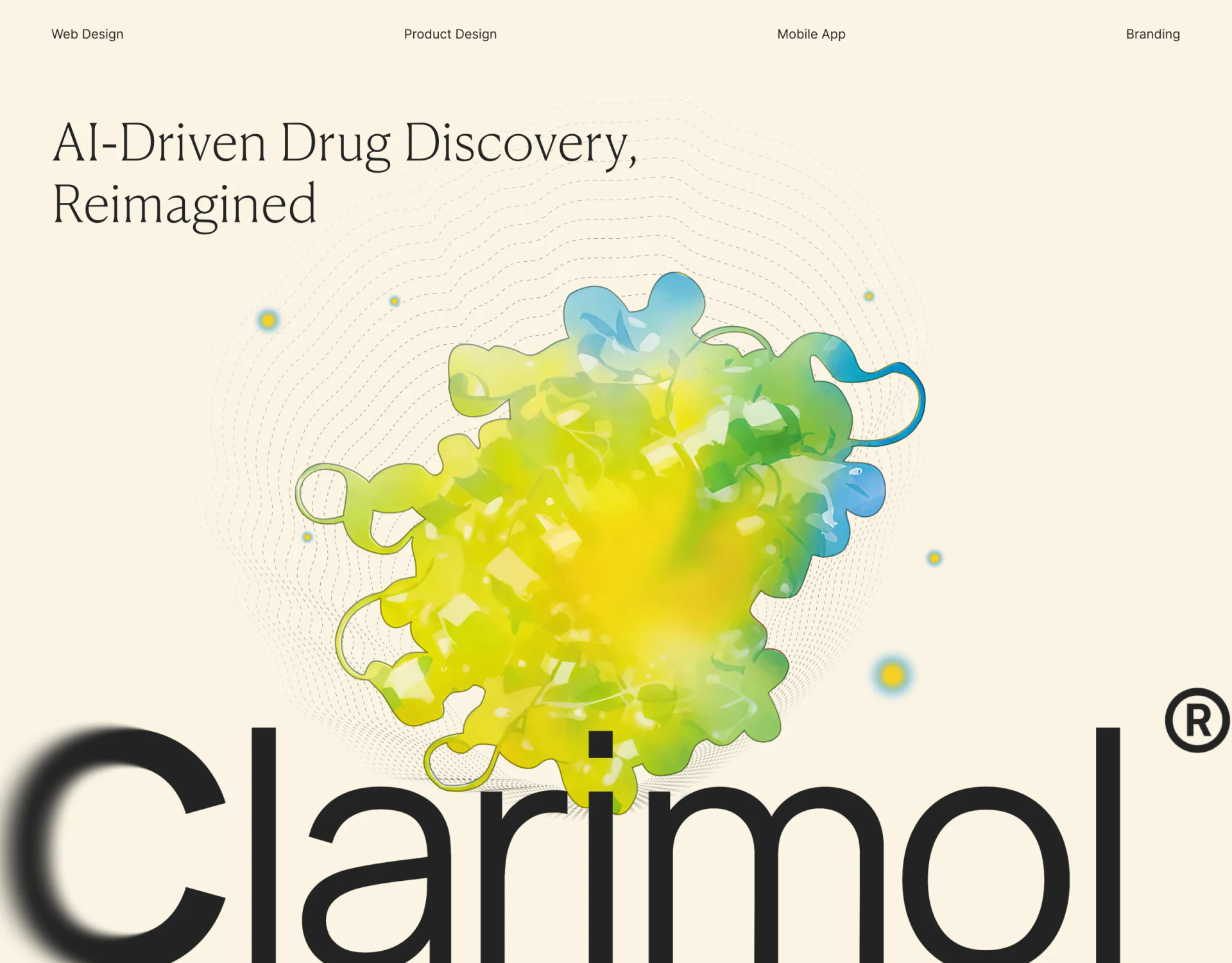 Clarimol cream hero with yellow, green, and blue molecular forms and spreading outlines