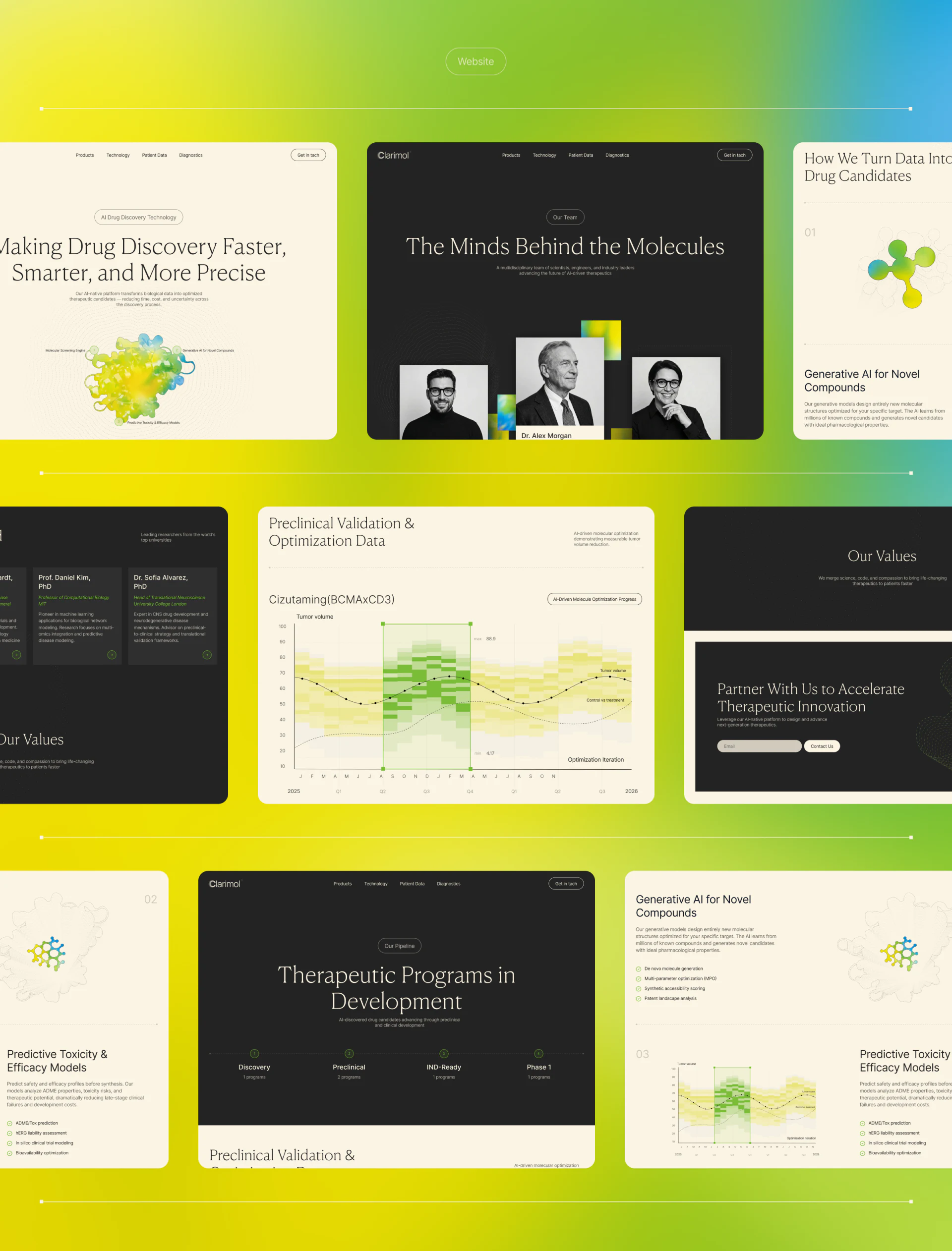 Clarimol collage with team, mechanisms, development-stage nodes, and collaboration entry