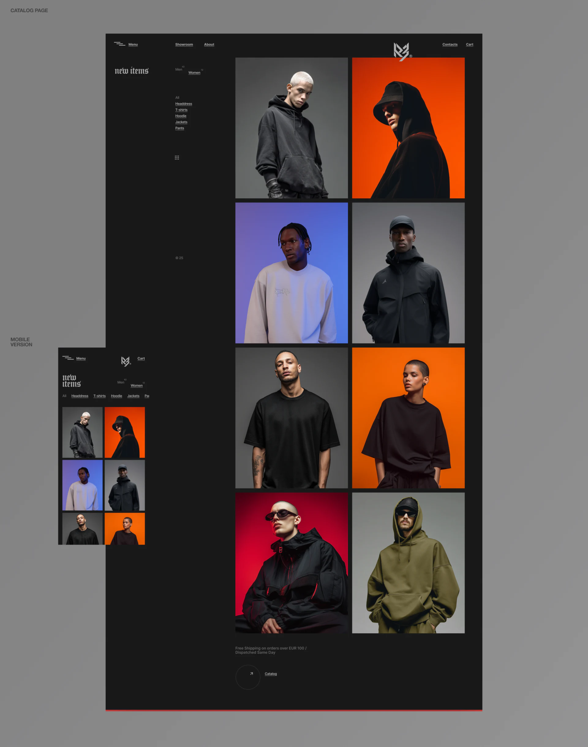 R3 dark catalog with a people-photo matrix and desktop and mobile category navigation