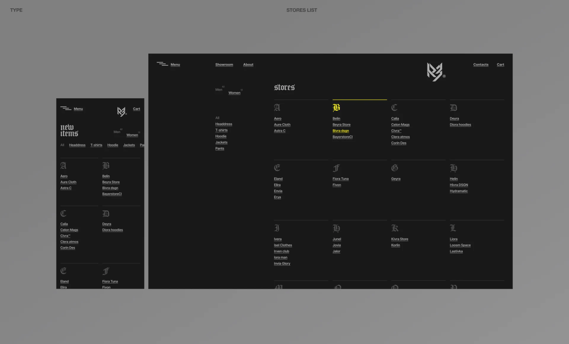 R3 alphabetical store groups, yellow selected entry and adjacent categories