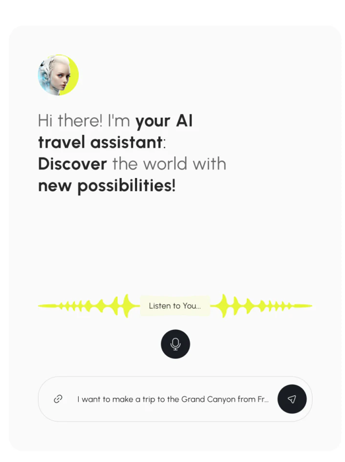 Geovea assistant input with portrait greeting, yellow Listen to You waveform, black microphone, and text-send bar below