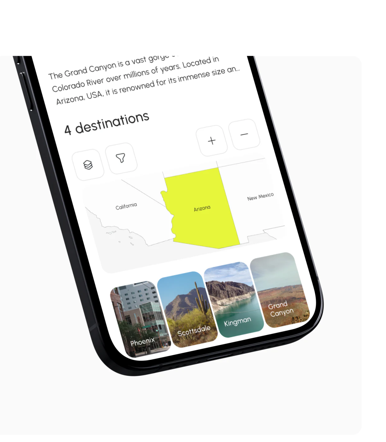 Geovea regional results with yellow Arizona, four-destination heading, map tools, and four photographs including Phoenix