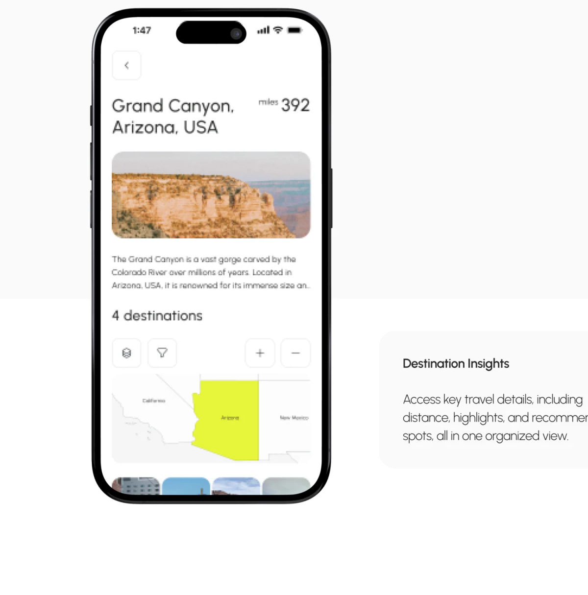 Geovea mobile destination with place and region names, miles reading, canyon image, introduction, and yellow map
